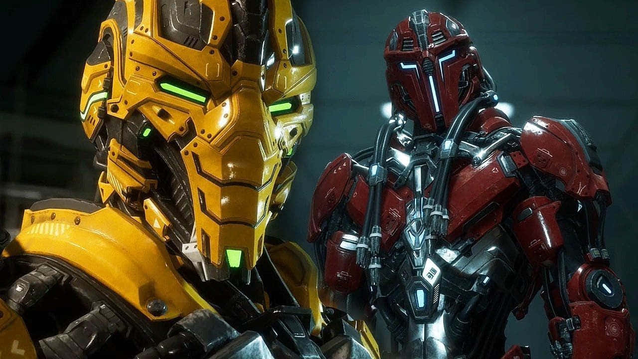 Mortal Kombat Cyrax 桌布 壁紙 — 兩個精細的機器人戰士，一個黃色帶發光綠色眼睛，另一個紅色和銀色，站在昏暗的未來場景中。