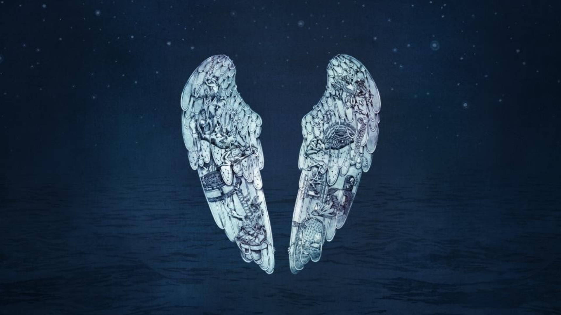 Wings 桌布 壁紙 — 兩個精細複雜的機械翅膀漂浮在星空下的黑暗水面上。