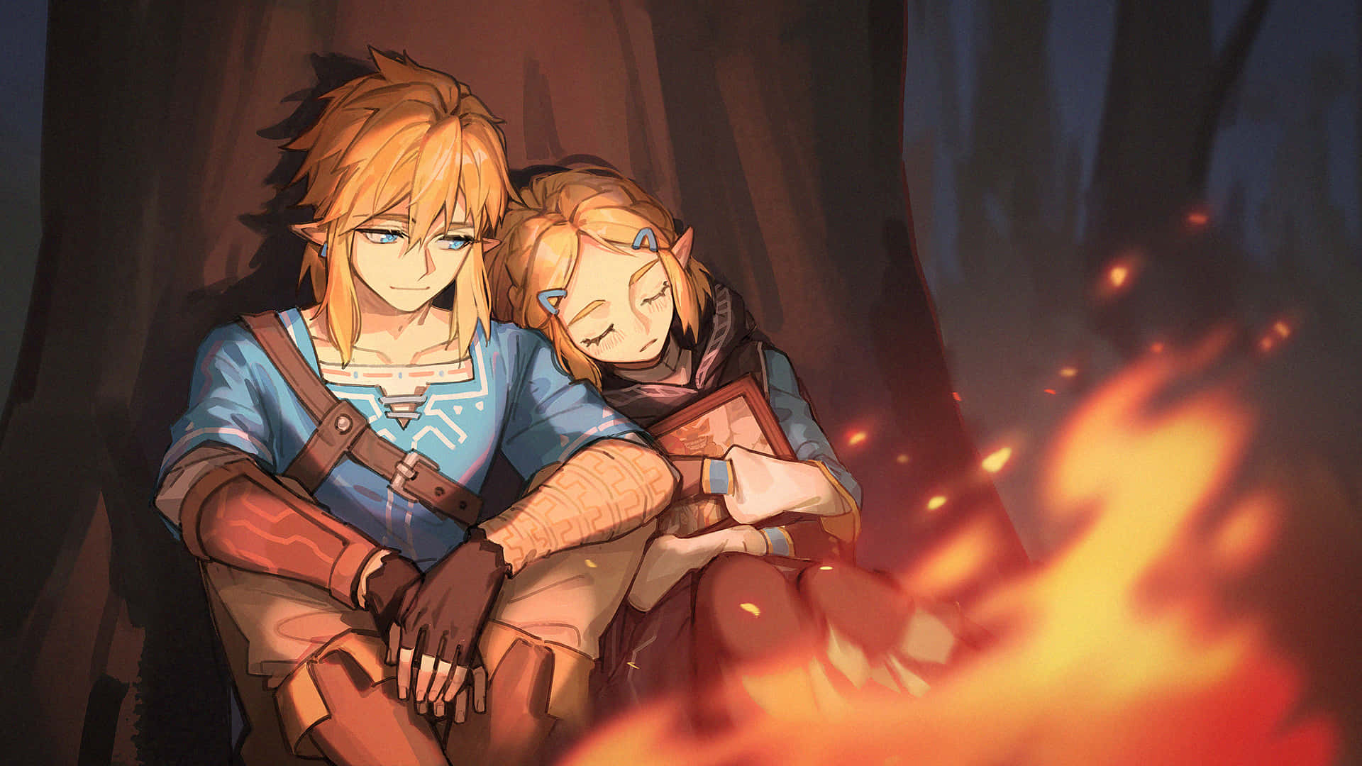 The Legend Of Zelda Tears Of The Kingdom 桌布 壁紙 — 兩個精靈般的角色在黑暗森林中熊熊燃燒的營火旁分享寧靜時刻，其中一個將頭靠在另一個的肩膀上。
