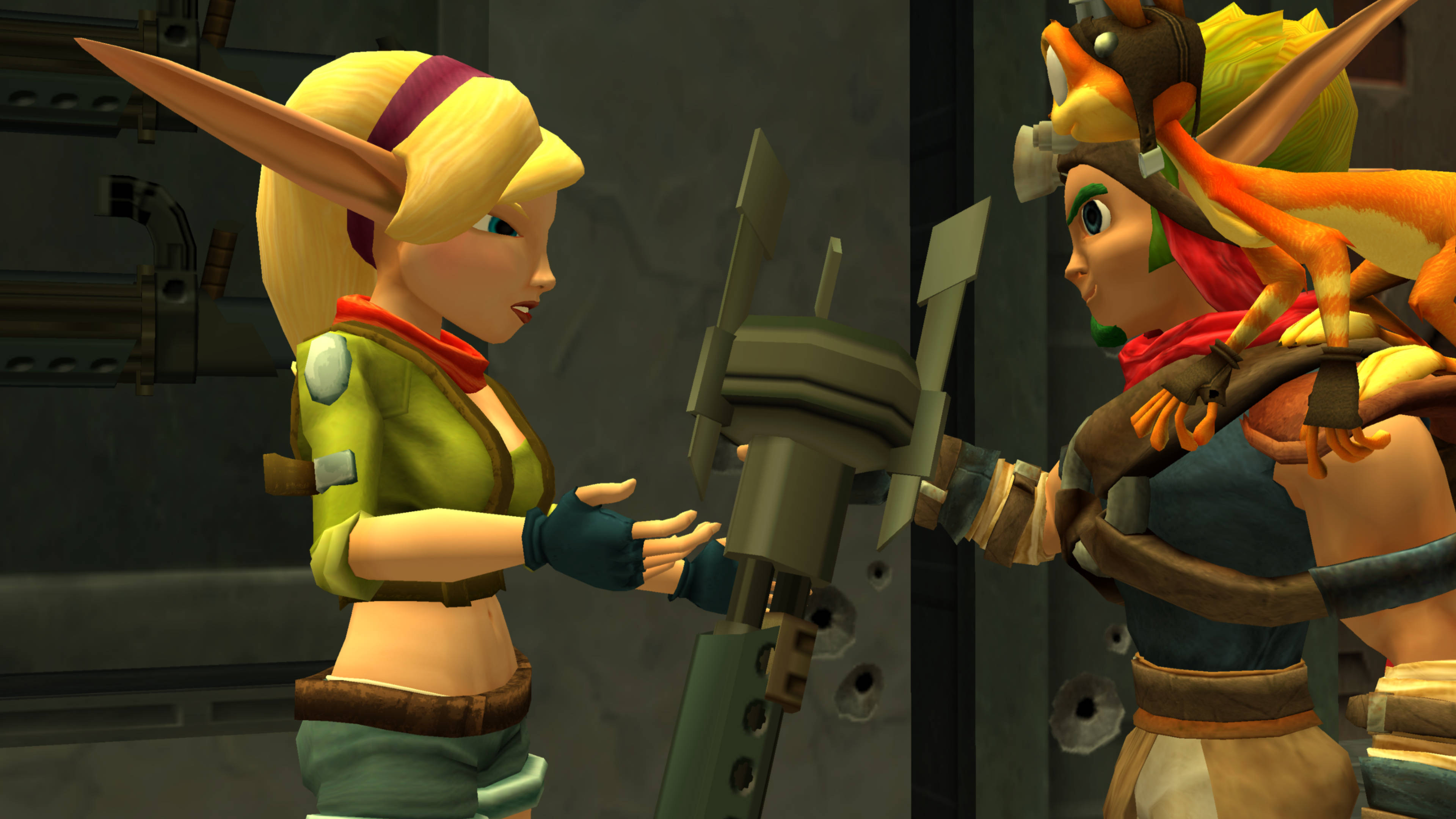 Jak 3 桌布 壁紙 — 兩個精靈角色穿著精細的奇幻裝備，在昏暗的工業環境中與機械裝置互動。