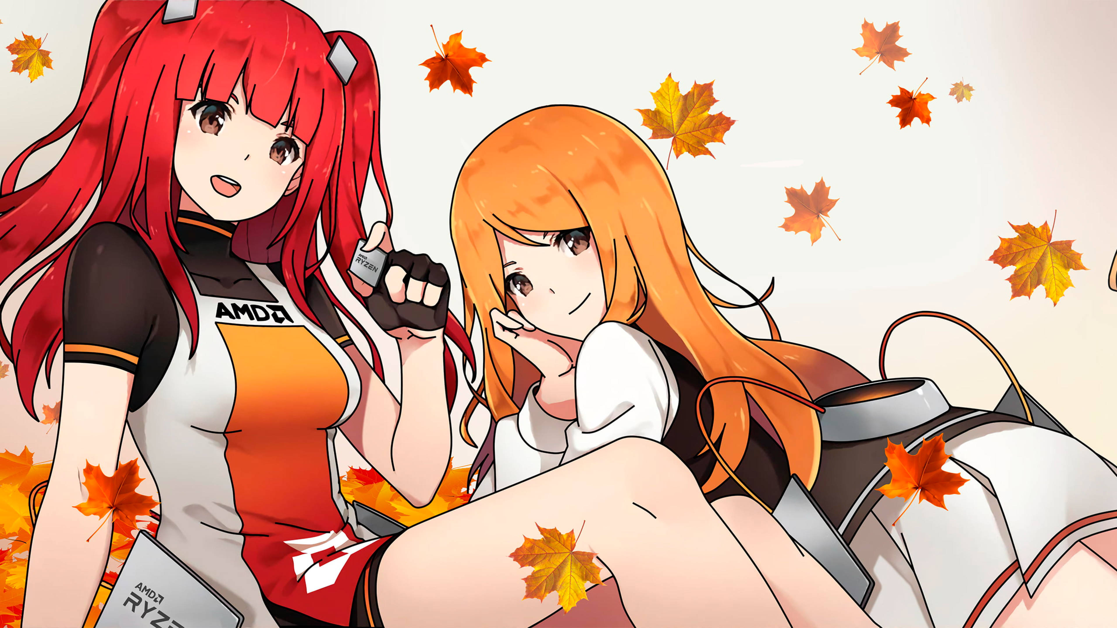  壁紙 — 兩個紅橙色頭髮的動漫女孩坐在飄落的秋葉中，手持AMD品牌物品。