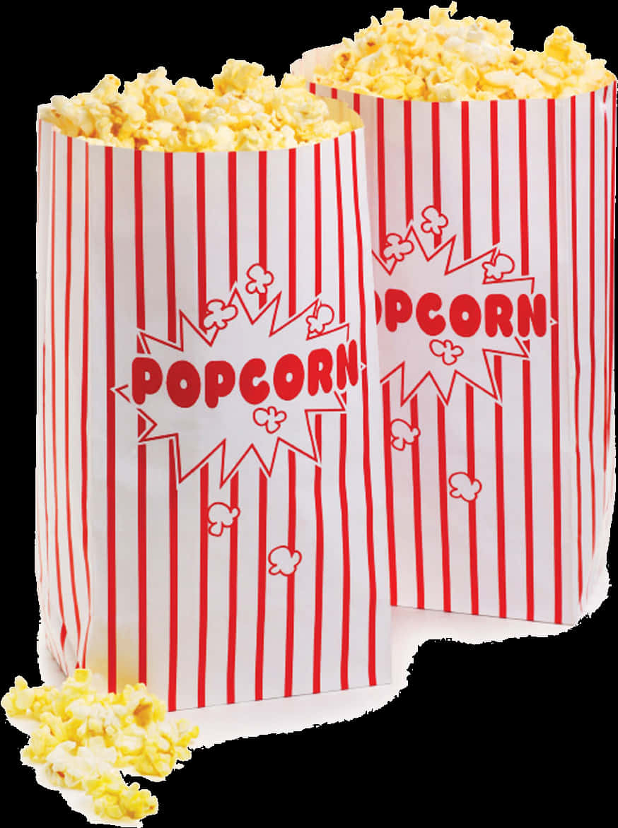Popcorn Clipart 桌布 壁紙 — 兩個紅白條紋爆米花袋，裝滿了蓬鬆的黃色爆米花，背景透明。