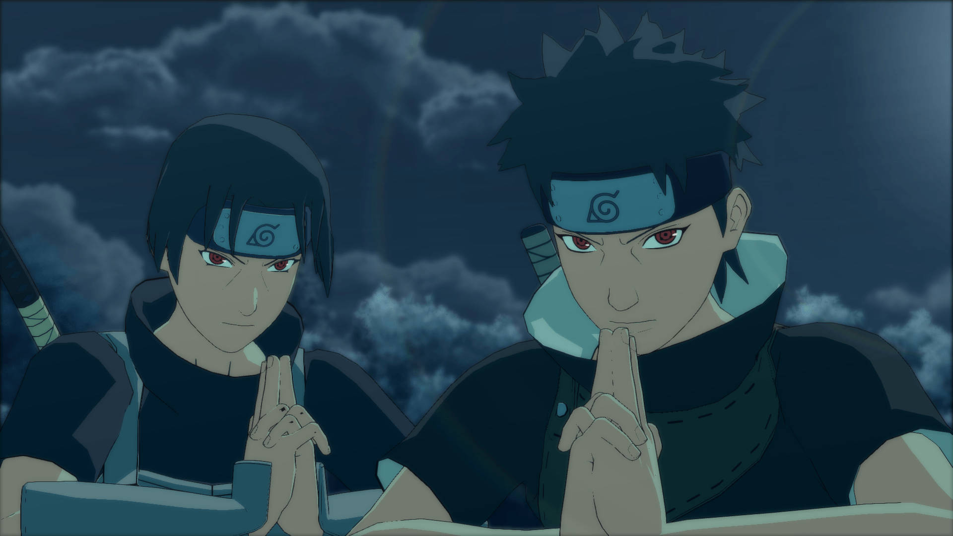 Shisui 桌布 壁紙 — 兩個紅眼、戴頭帶的動漫忍者，在暴風雨夜空中，烏雲密佈下莊嚴地站立。