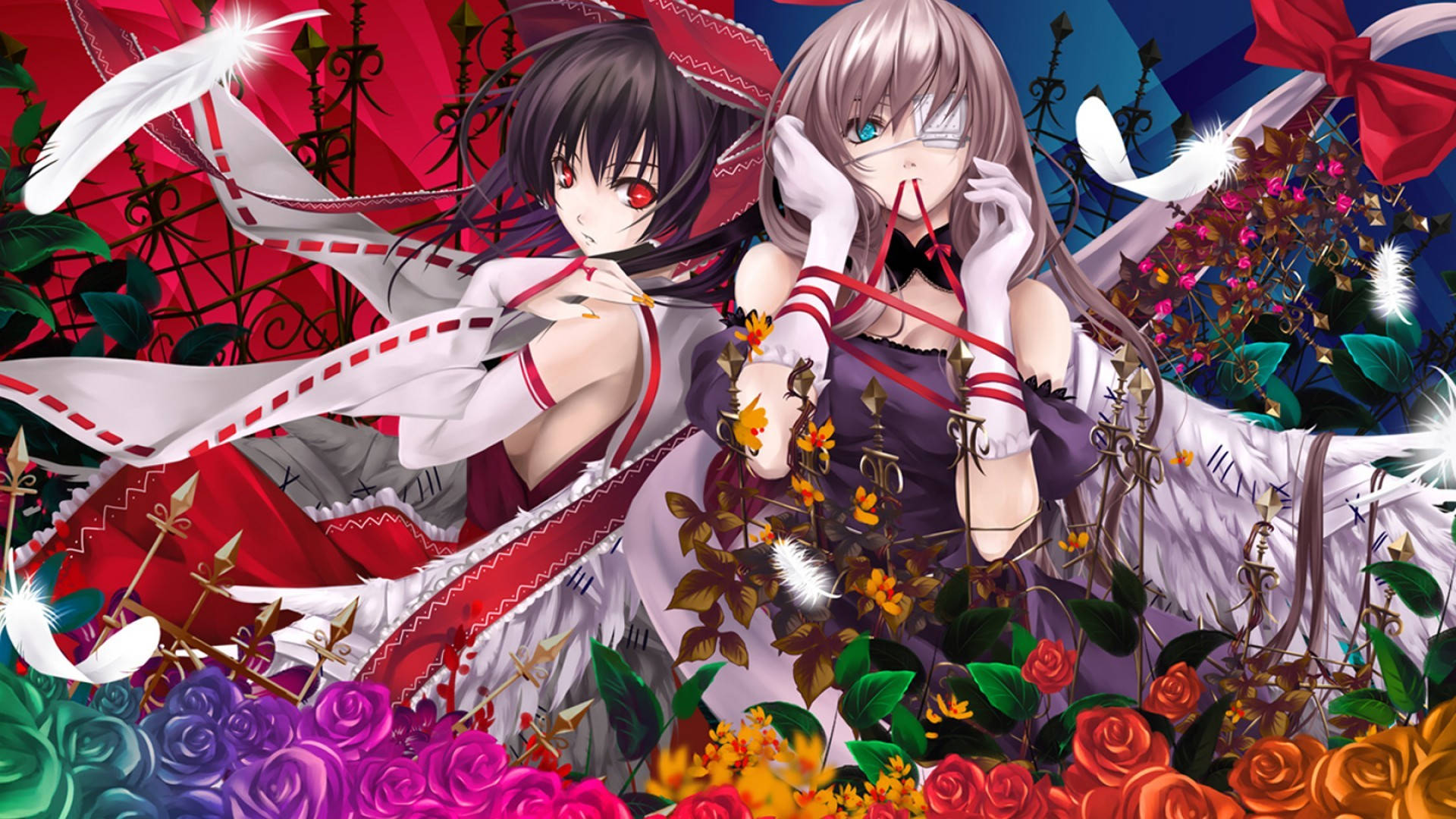 東方 桌布 壁紙 — 兩個紅眼白翼的動漫女孩，站在鮮豔的玫瑰和華麗的鐵藝之間，背景是戲劇性的紅色天空。