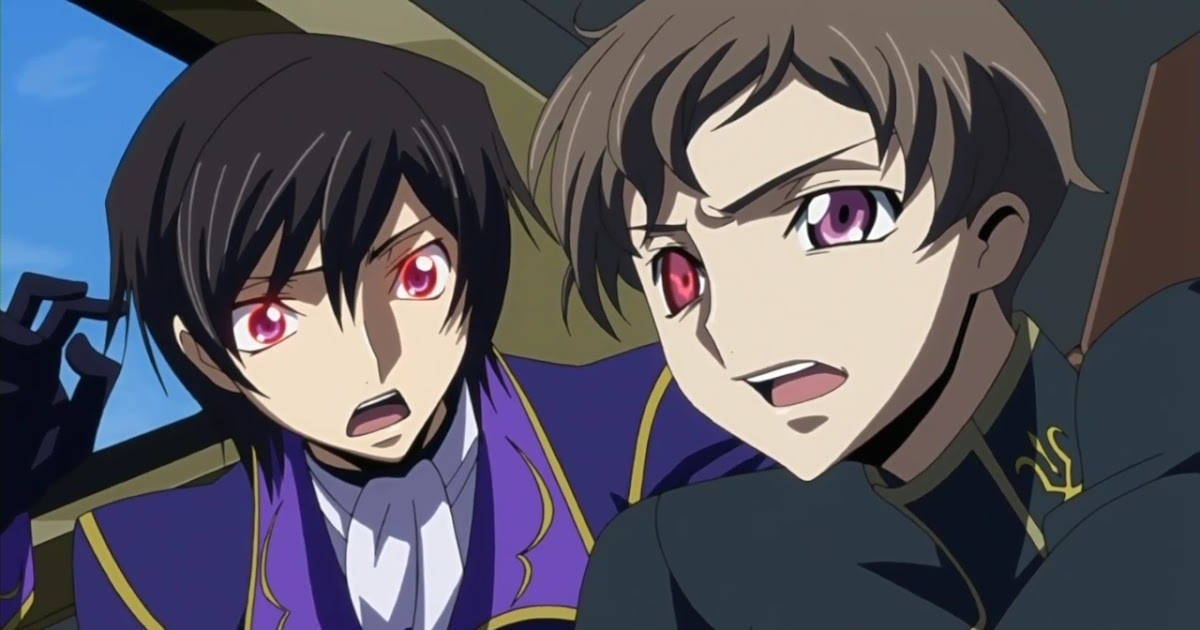 lelouch lamperouge 桌布 壁紙 — 兩個紅眼睛、表情嚴肅的動漫角色坐在車內，背景是藍天。