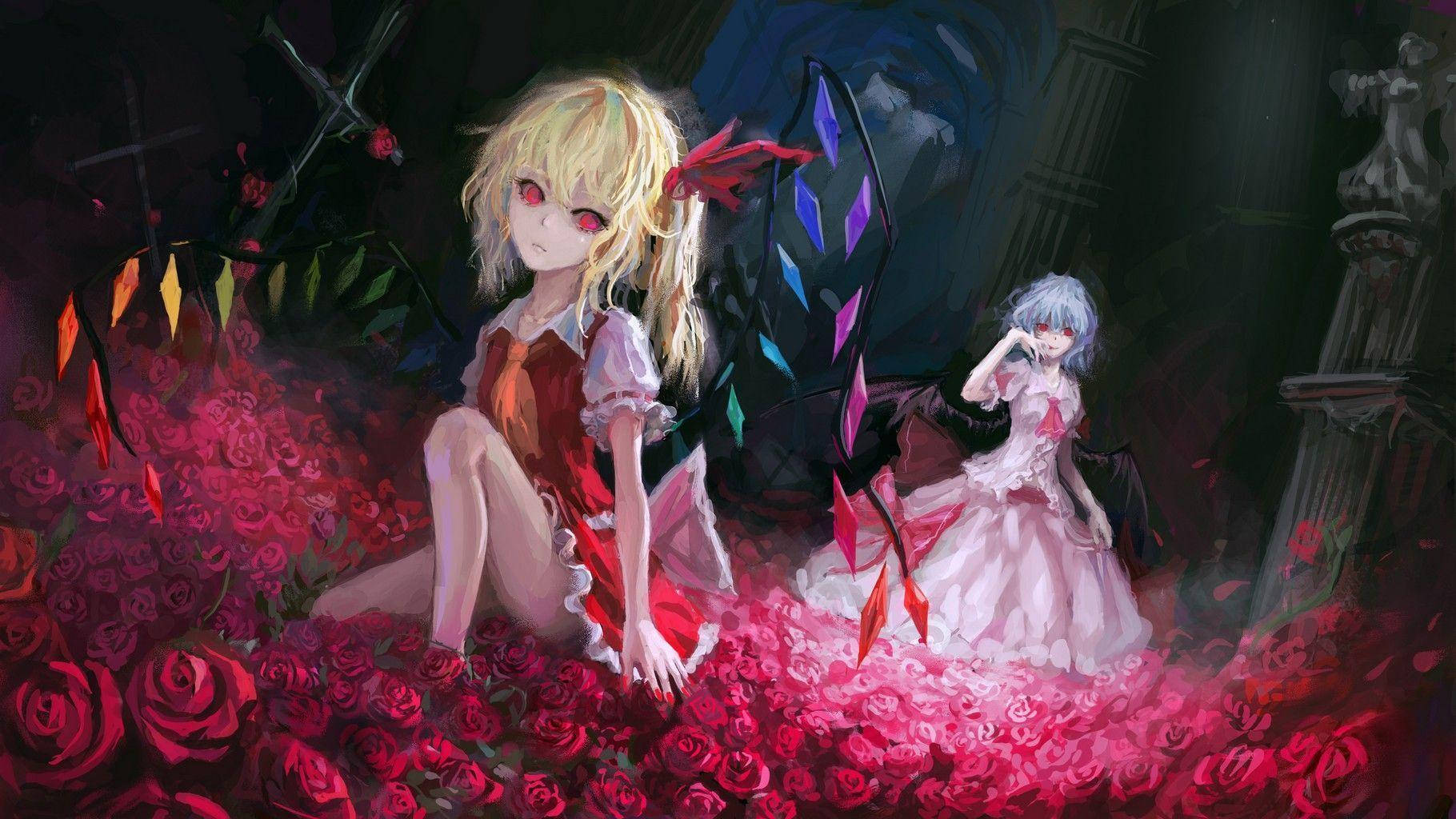 東方 桌布 壁紙 — 兩個紅眼睛的動漫女孩坐在黑暗哥德式花園中一片深紅玫瑰海之中。
