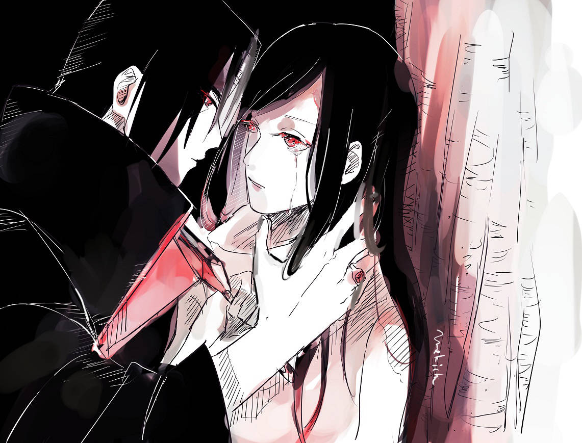 izumi uchiha 桌布 壁紙 — 兩個紅眼黑髮的動漫角色在戲劇性、陰影、墨水風格的插圖中擁抱。