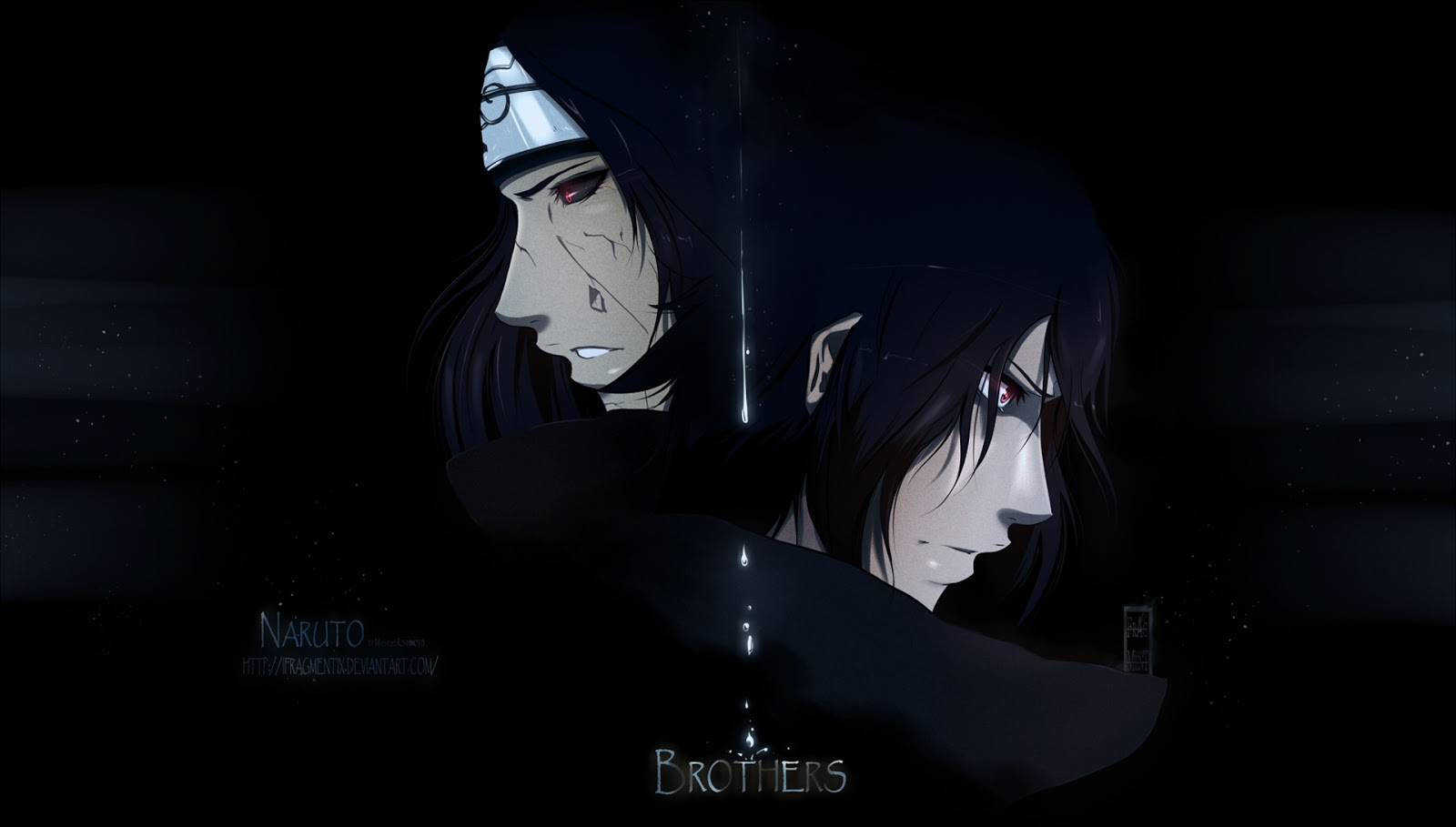 Sasuke 桌布 壁紙 — 兩個紅眼黑髮的動漫角色在昏暗的場景中，伴隨著落下的水滴，莊嚴地凝視著。