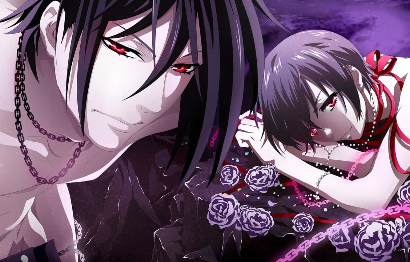 sebastian michaelis 桌布 壁紙 — 兩個紅眼黑髮的動漫角色躺在紫色玫瑰和鎖鏈中，背景是陰鬱的暮色天空。