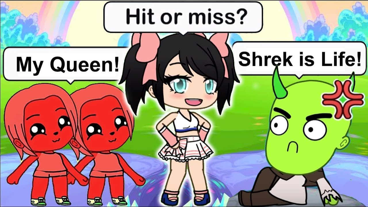 Gacha Life Funny 桌布 壁紙 — 兩個紅色動畫女孩為一個黑髮女孩歡呼，而一個綠色食人魔在彩虹下表現出沮喪。