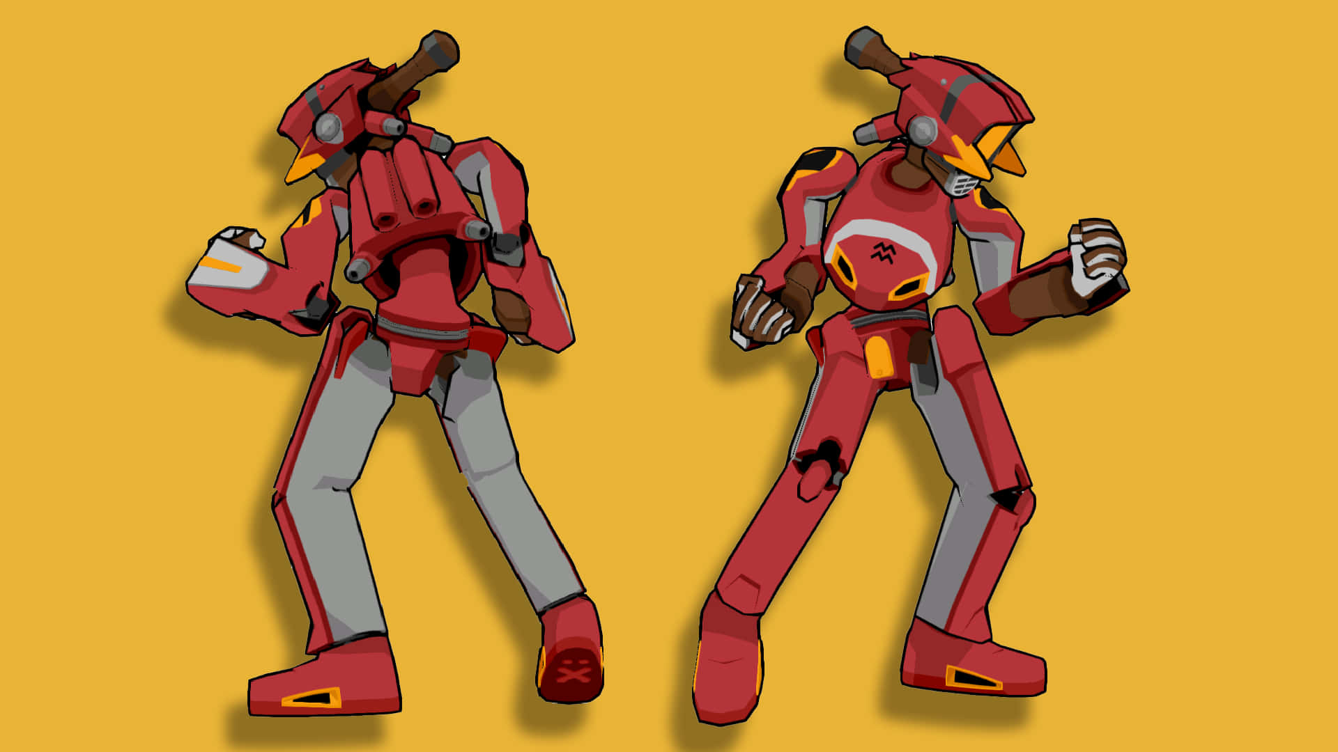 Flcl Canti 桌布 壁紙 — 兩個紅色和灰色的機器人角色在純黃色背景上擺出動態姿勢。