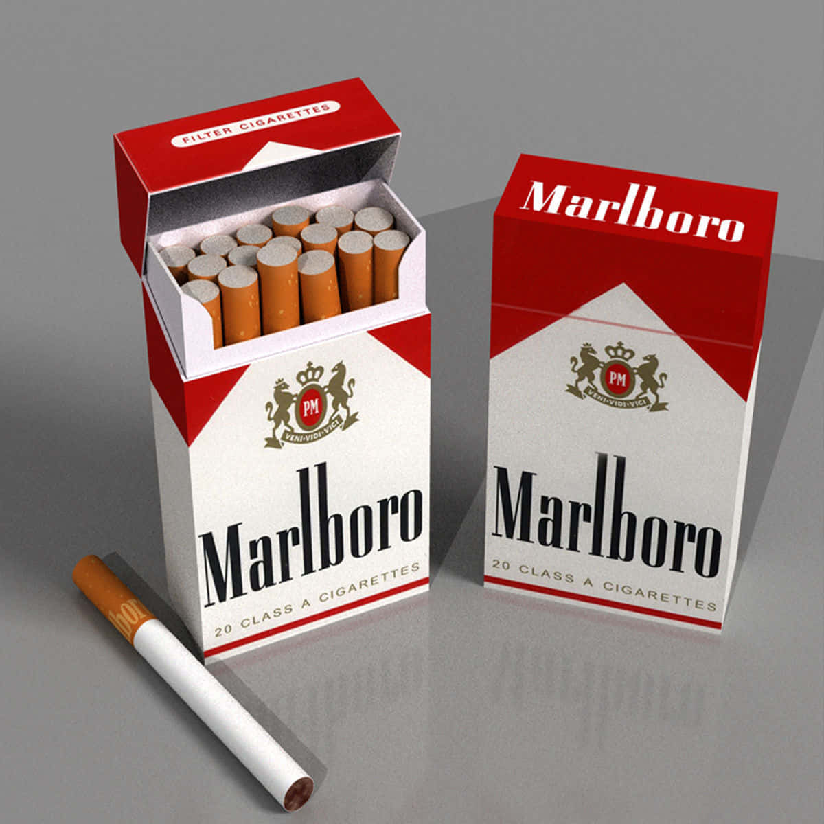 cigarettes 桌布 壁紙 — 兩個紅色和白色的萬寶路香煙包及一根香煙放在灰色表面上，帶有柔和陰影。