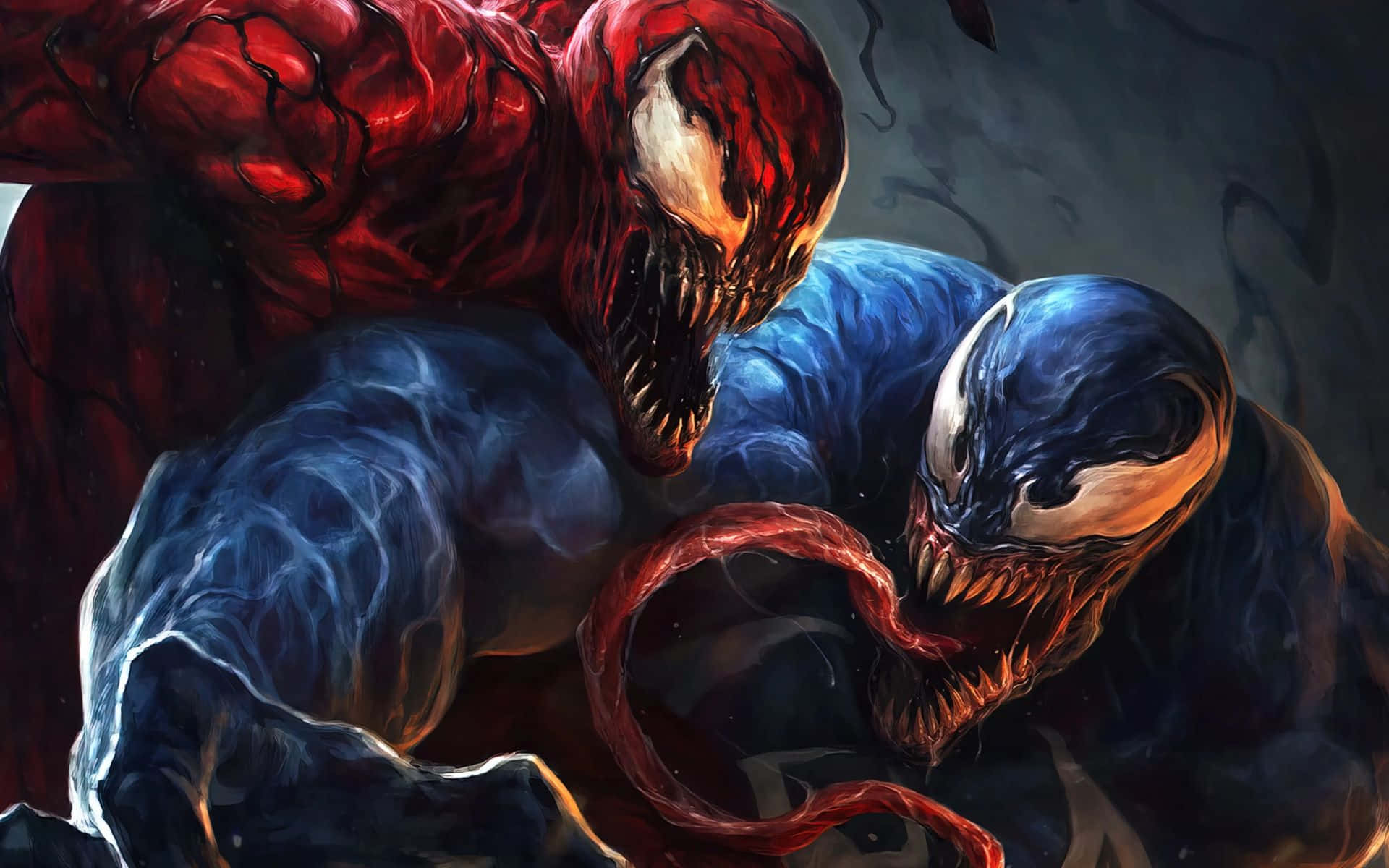 Carnage Vs Venom 桌布 壁紙 — 兩個紅色和藍色的共生體在黑暗煙霧背景中，以鋒利的牙齒和發光的眼睛進行激烈的戰鬥。