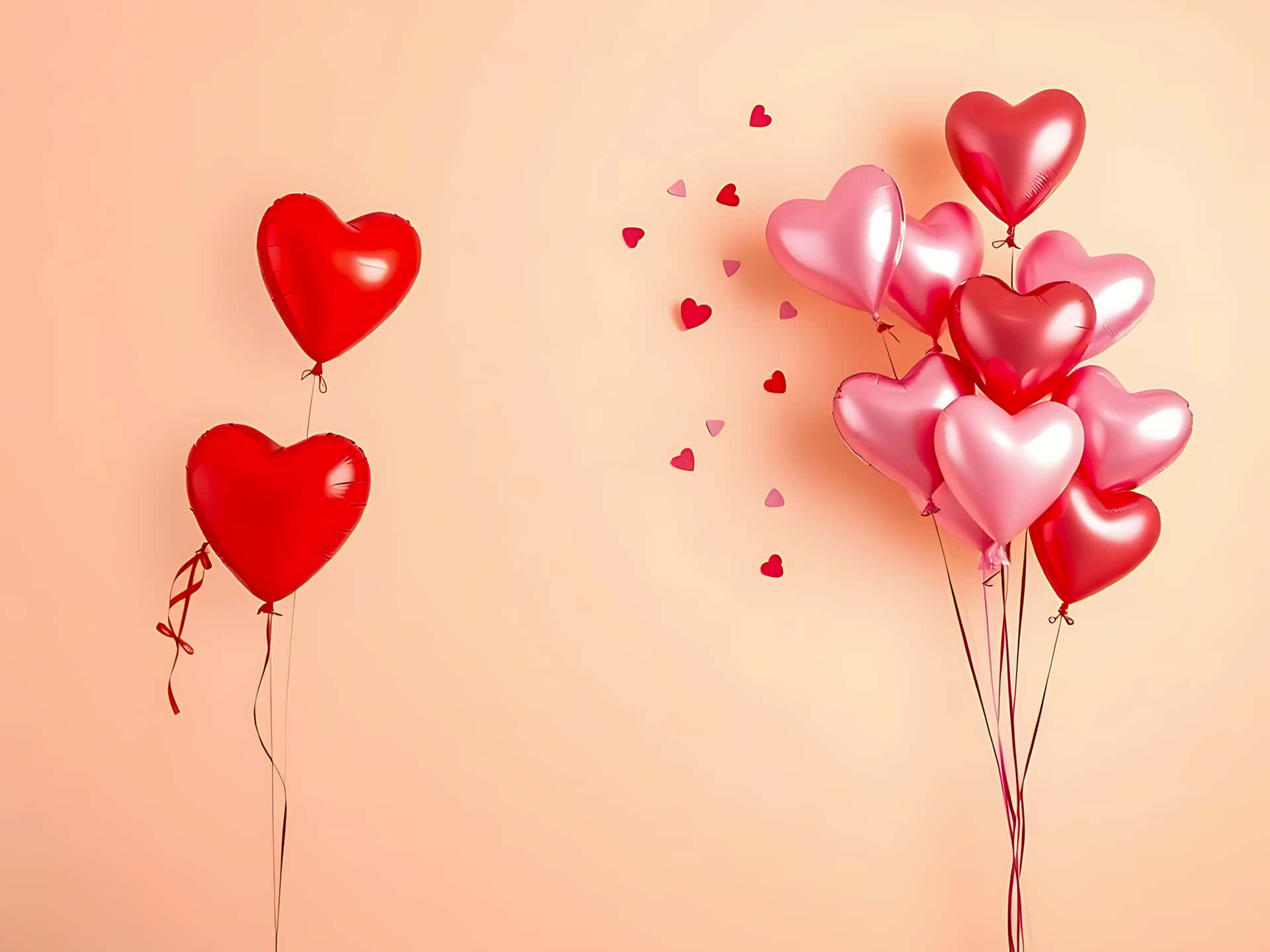 Bunch of heart shaped balloons for a romantic celebration on peach background 壁紙 — 兩個紅色心形氣球向左飄浮，而一簇粉紅色和紅色金屬心形氣球在柔和的桃色背景下向右飄移。