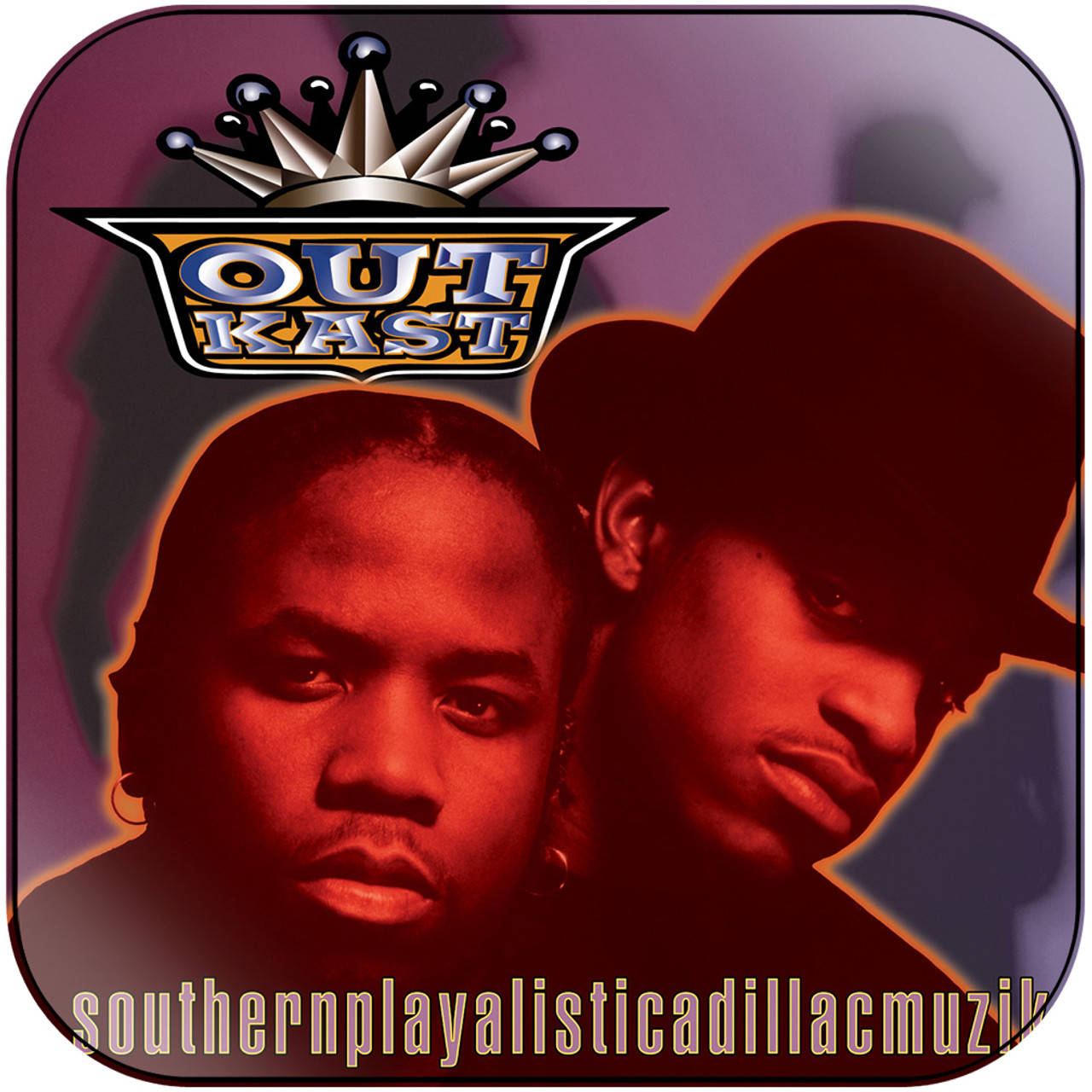 hiphop 桌布 壁紙 — 兩個紅色調的男人在帶有 'OUTKAST' 文字的皇冠標誌下向前凝視。