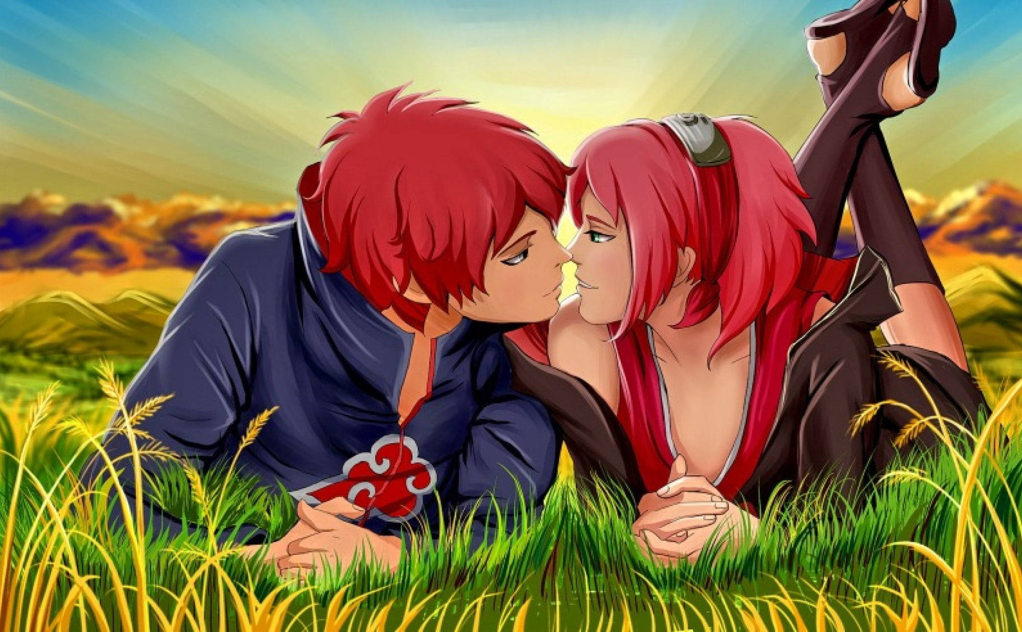 Romantic 桌布 壁紙 — 兩個紅髮動漫角色在陽光明媚的高草田野中親吻，遠方有山巒。
