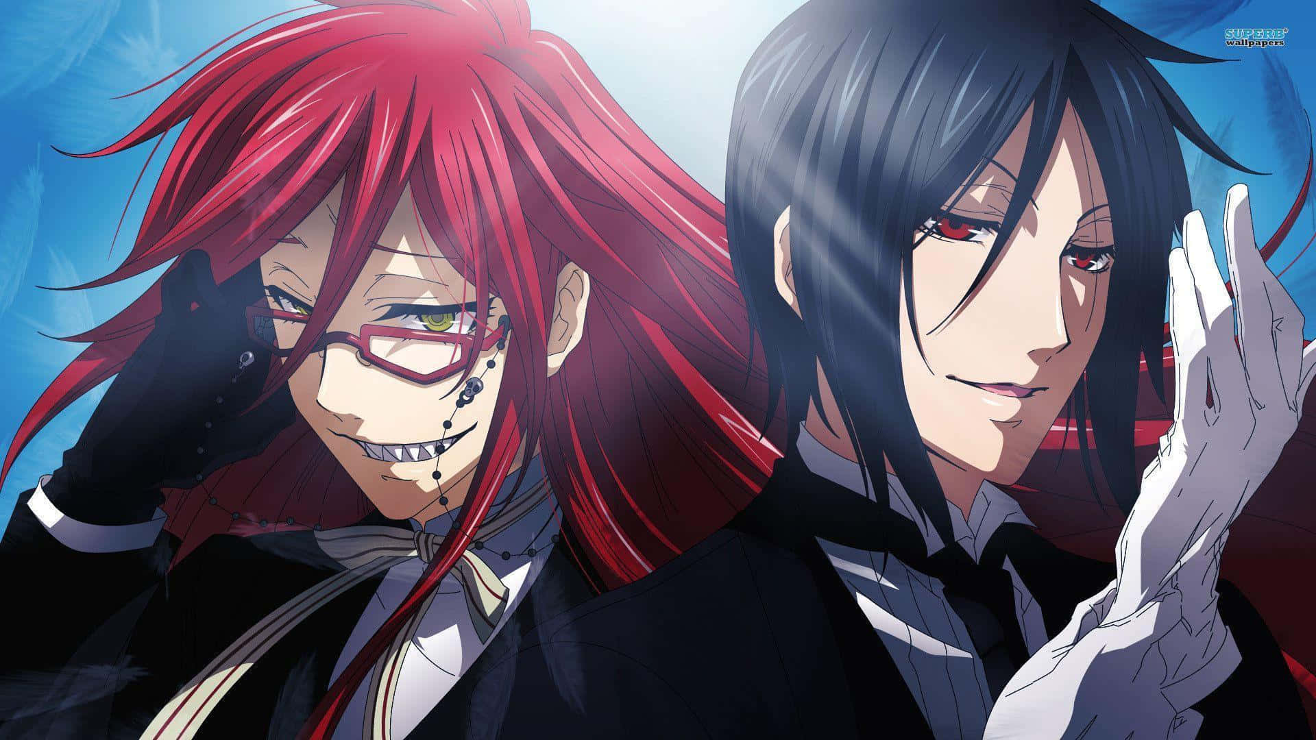 Black Butler 桌布 壁紙 — 兩個紅髮和黑髮的動漫角色在藍色背景和光線下戲劇性地擺姿勢。