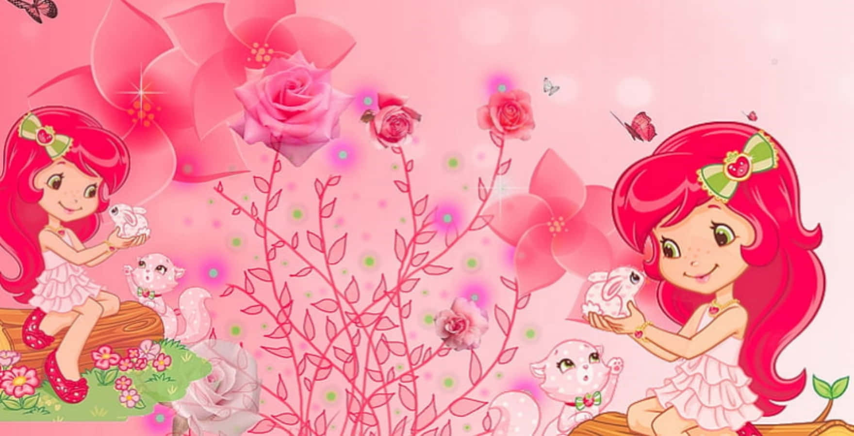 Cartoon 桌布 壁紙 — 兩個紅髮的快樂卡通女孩坐在一個奇思妙想的花園中，周圍是超大的粉紅玫瑰和翩翩起舞的蝴蝶。