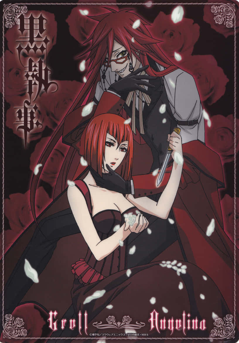 Madam Red 桌布 壁紙 — 兩個紅髮黑衣的動漫角色站在深紅玫瑰背景前，白色花瓣飄落其中。