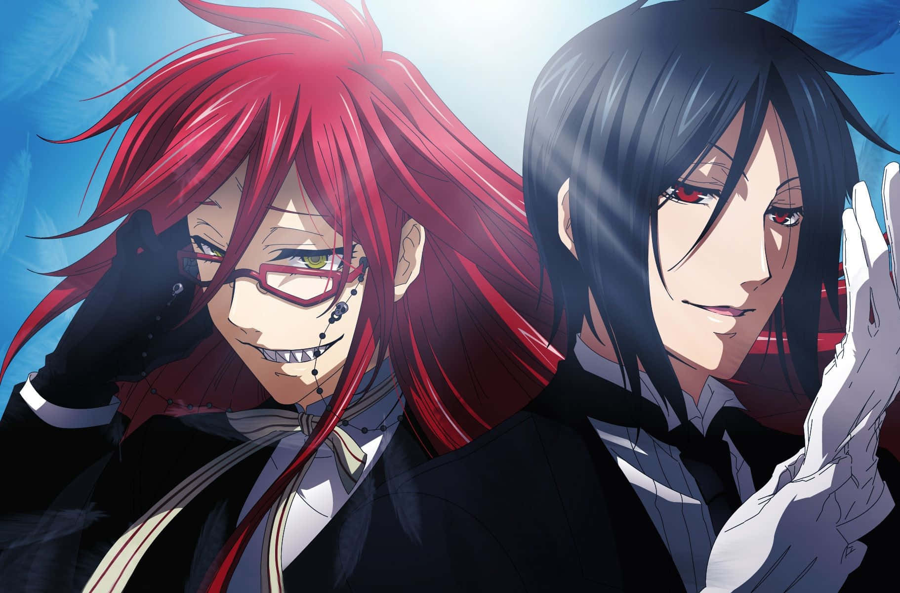 Black Butler 桌布 壁紙 — 兩個紅黑頭髮的動漫角色穿著正式服裝，在明亮的藍色背景前以戲劇性的燈光擺姿勢。