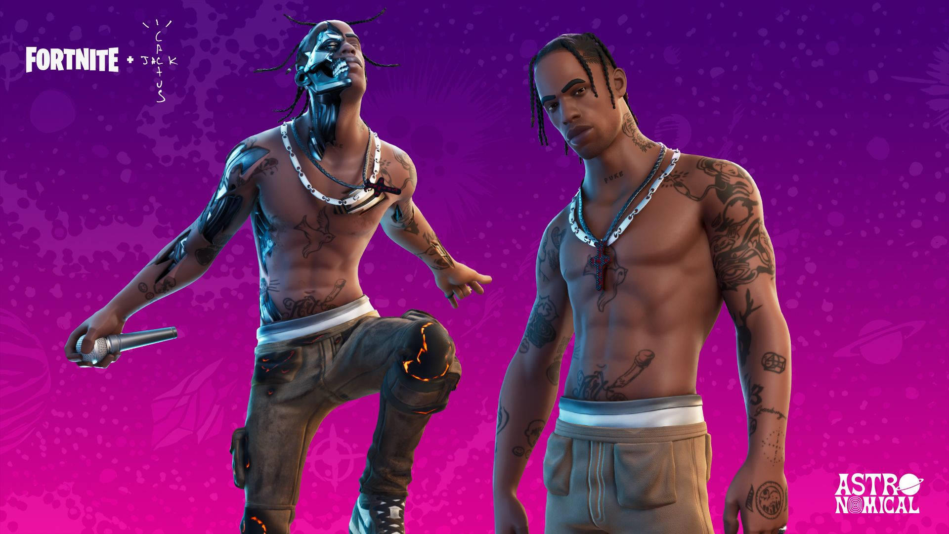 Travis Scott Fortnite 桌布 壁紙 — 兩個紋身的Fortnite角色，在充滿活力的紫色背景上，帶有發光效果和品牌標誌。