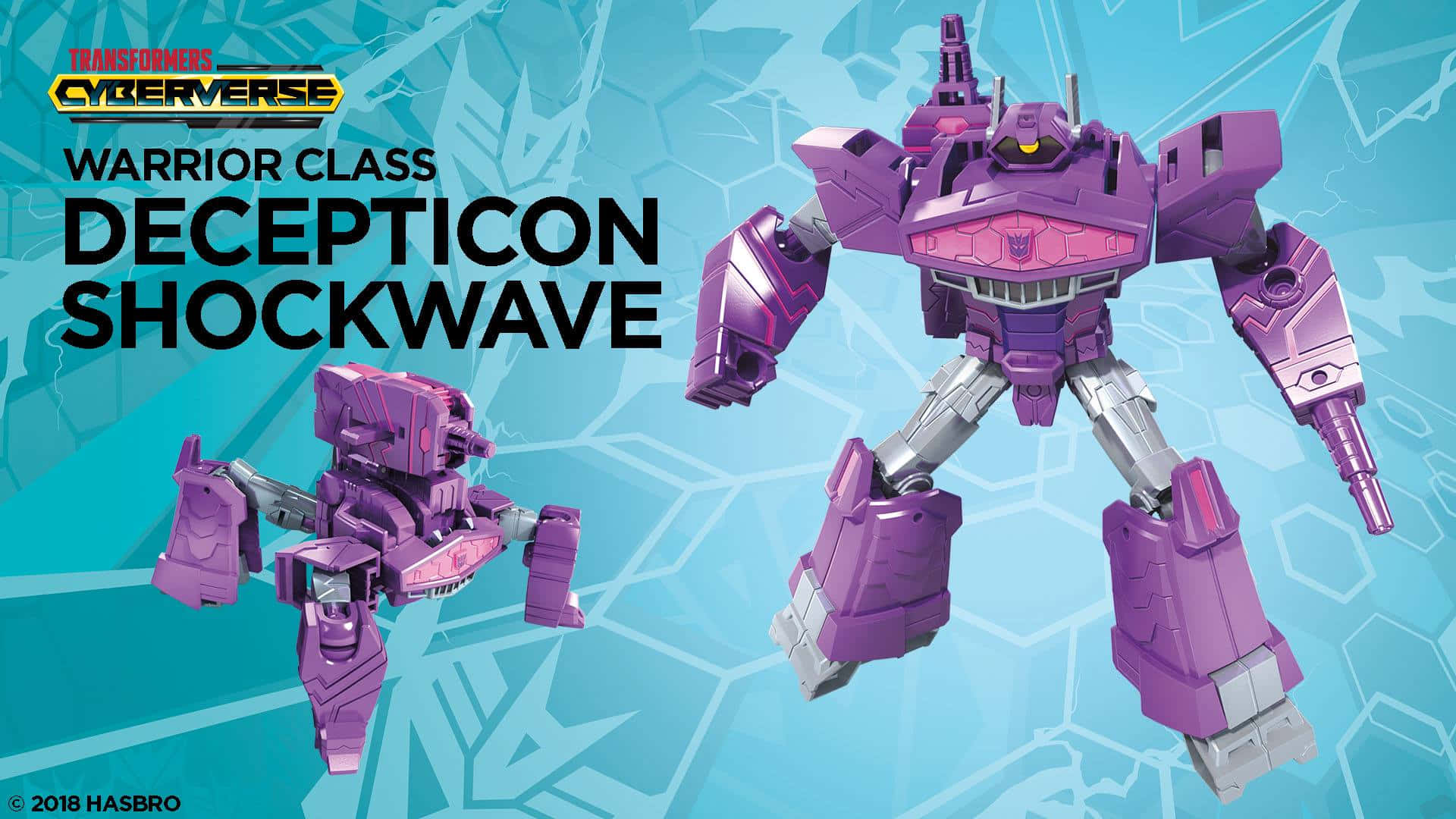 Animated 桌布 壁紙 — 兩個紫色 Decepticon Shockwave Transformers 玩具，擺放在帶有品牌文字的藍色幾何背景前。