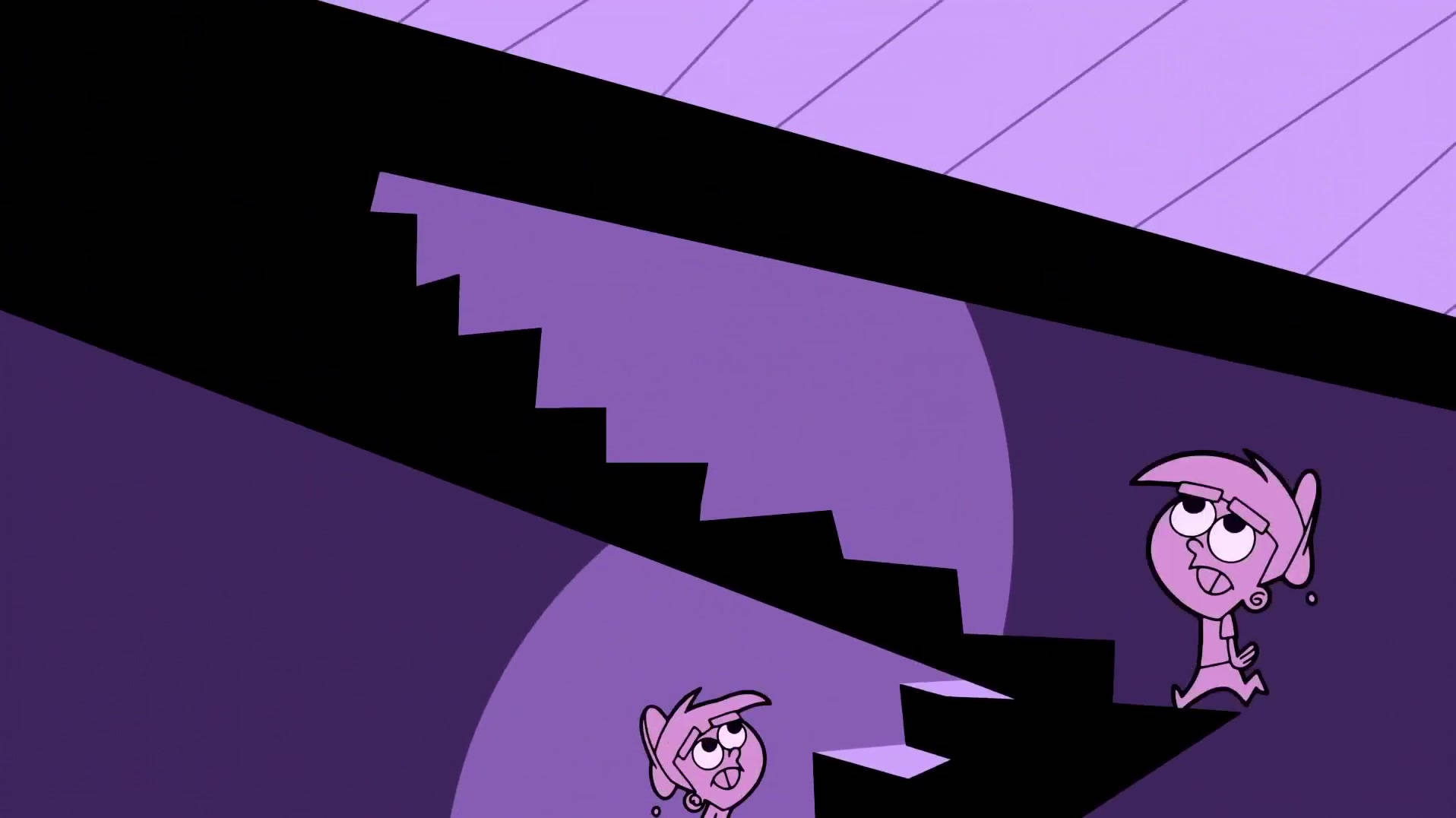 The Fairly Oddparents 桌布 壁紙 — 兩個紫色卡通角色，眼睛大大，在紫色天花板下爬著一條陡峭的黑色樓梯。