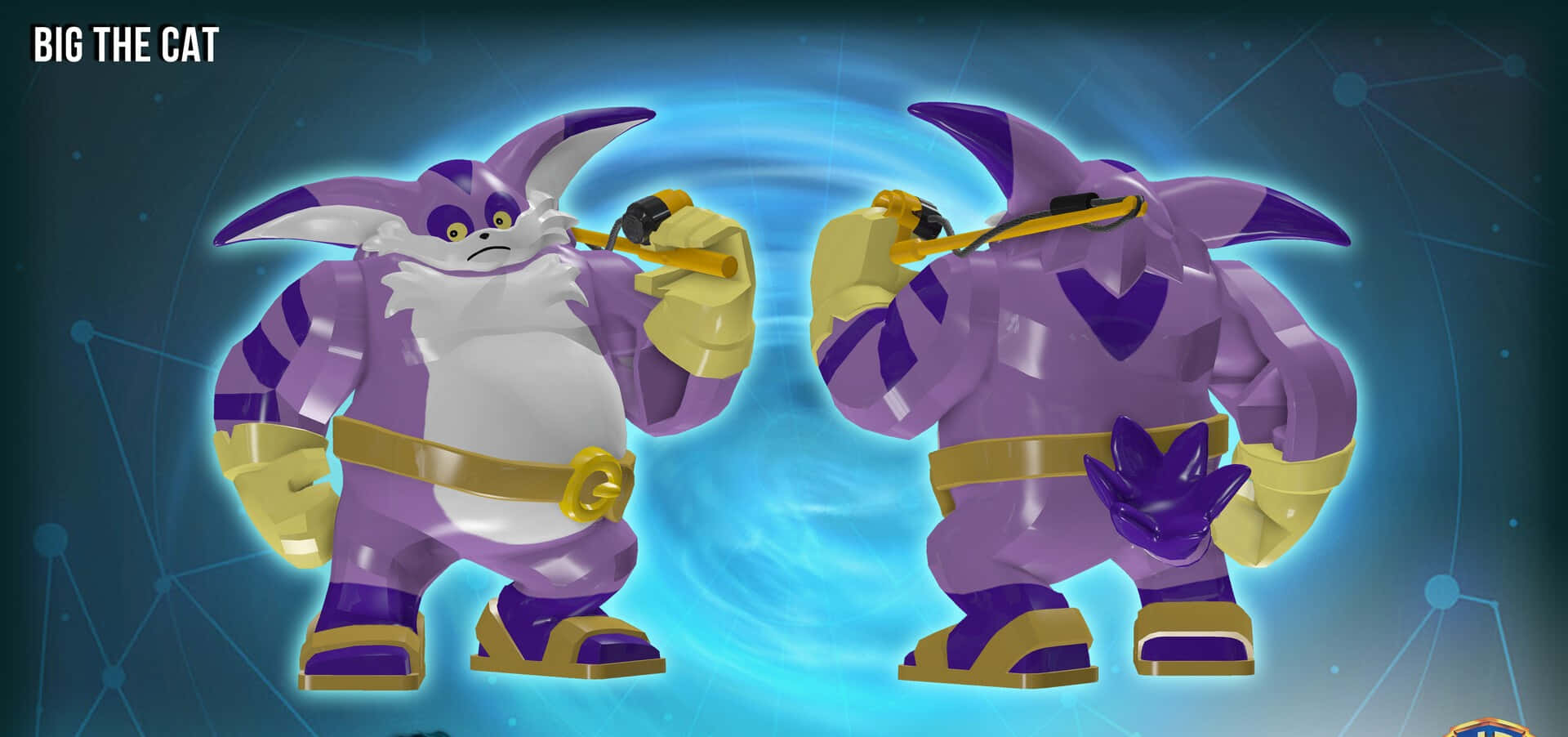 Big The Cat 桌布 壁紙 — 兩個紫色和金色的裝甲貓咪角色背靠背站在發光的藍色能量漩渦背景前。