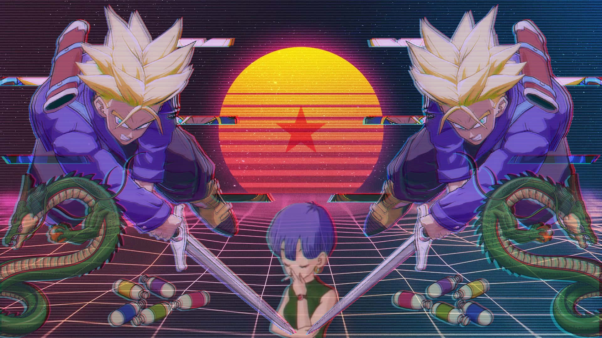 Dragon Ball Z Trunks 桌布 壁紙 — 兩個紫色西裝、刺蝟頭的動漫戰士，在帶有紅色星星的夕陽下，用劍與綠色巨龍戰鬥。