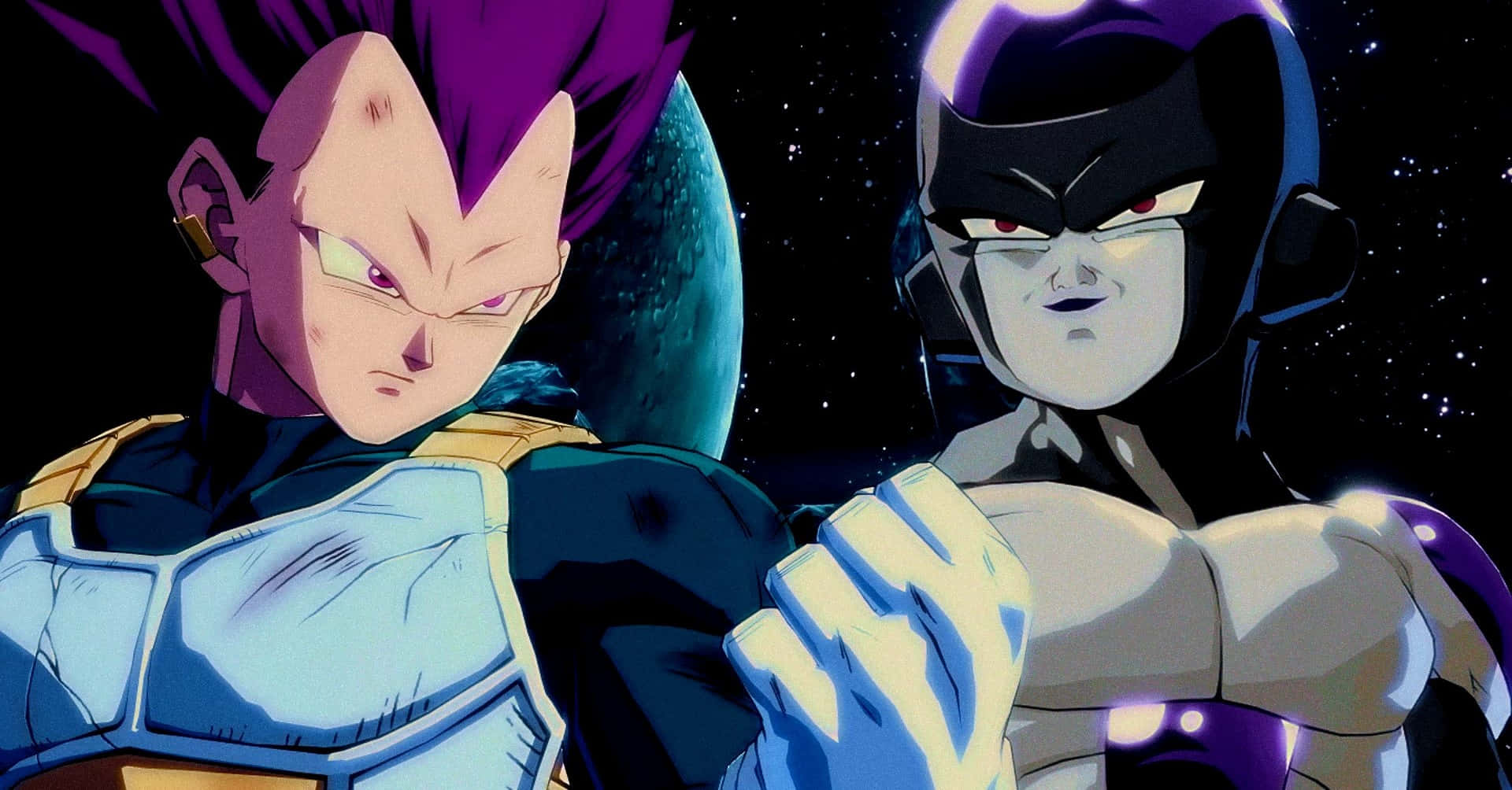 Vegeta And Frieza 桌布 壁紙 — 兩個紫色頭髮、身穿盔甲的動漫戰士站在太空中，背景是星空和一顆藍色行星。
