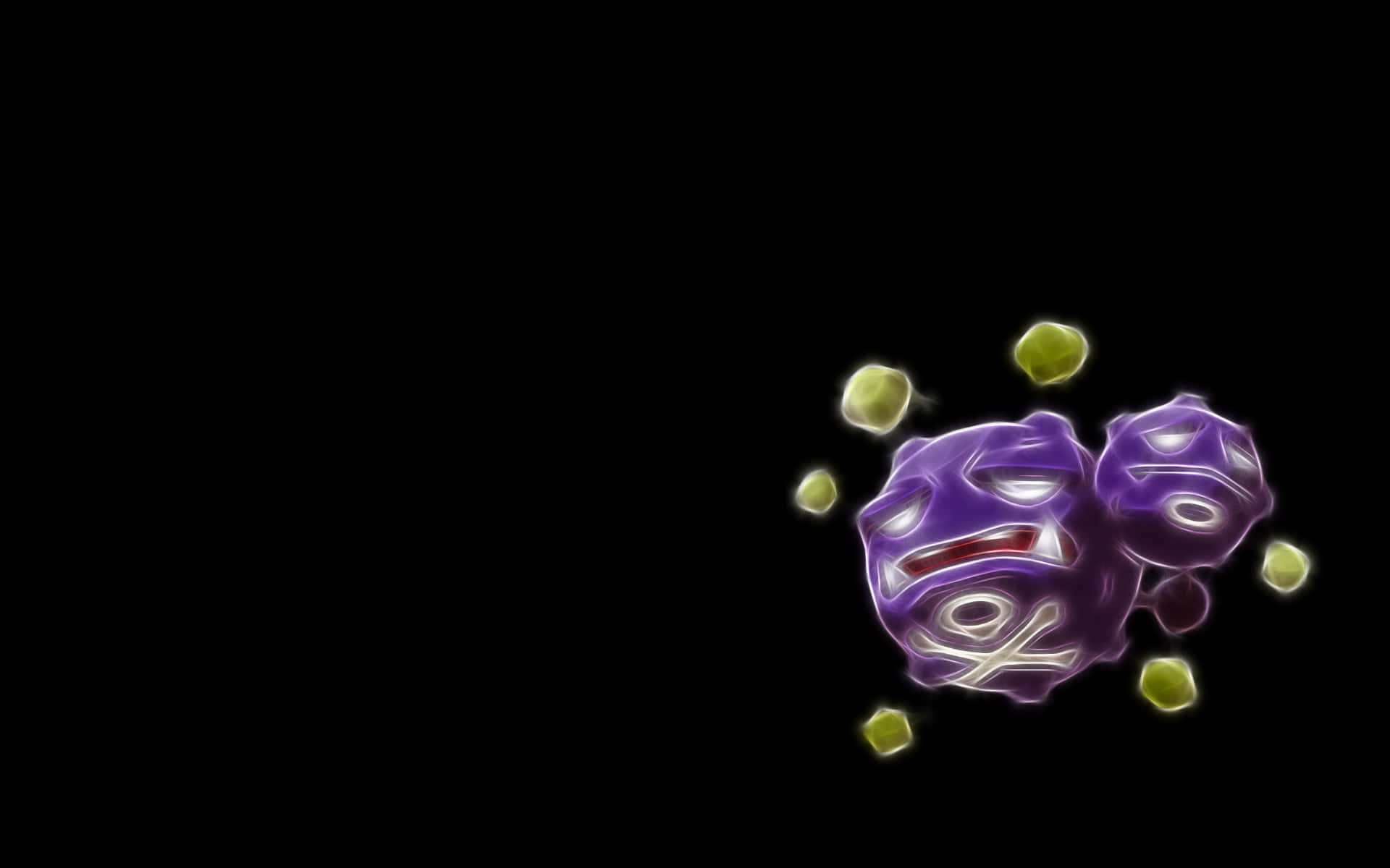 寶可夢 桌布 壁紙 — 兩個紫色類似寶可夢的生物，發光的眼睛和綠色球體，漂浮在黑色背景上。