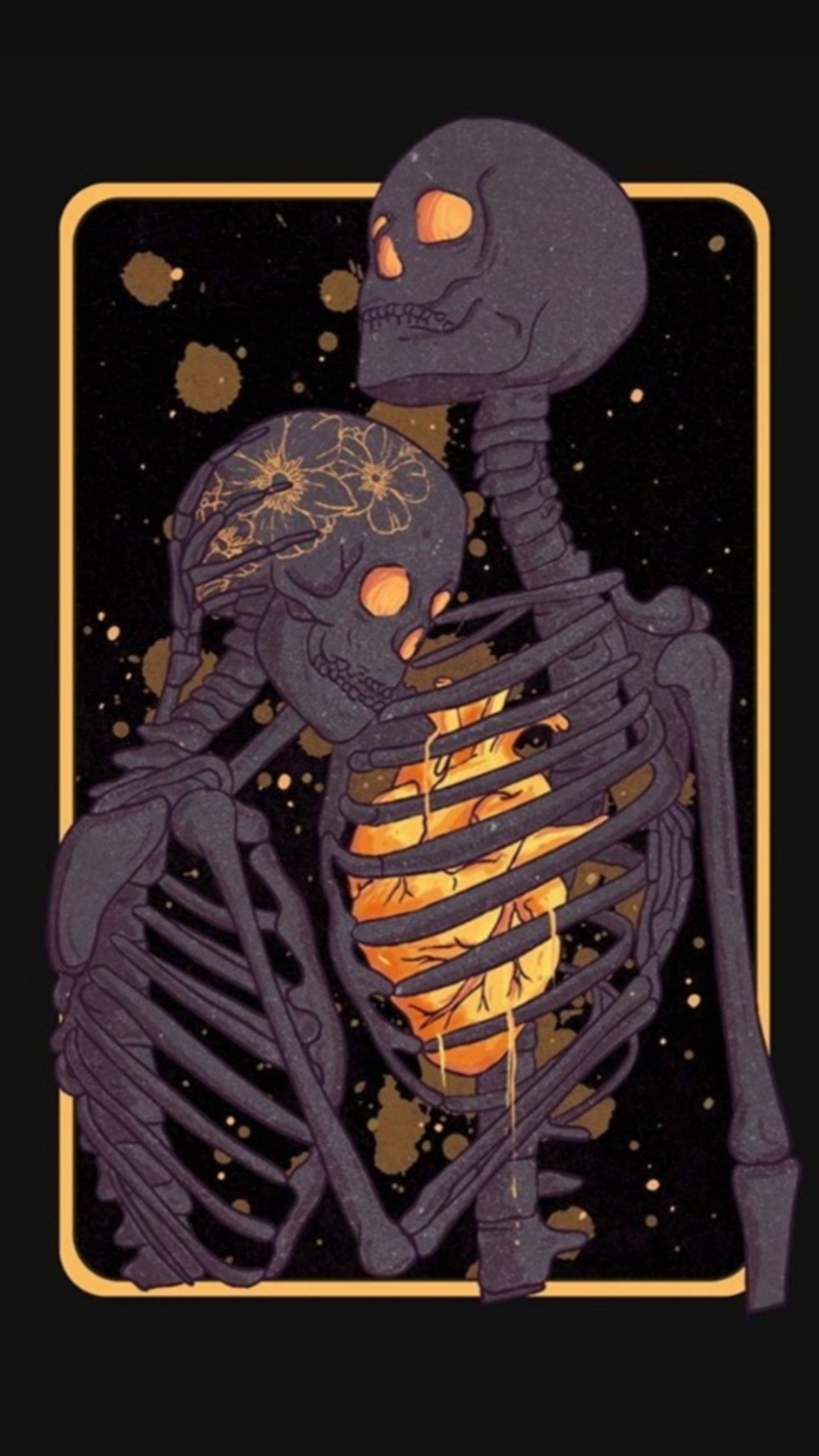 骷髏動圖 桌布 壁紙 — 兩個紫色骷髏在星空下擁抱，帶有發光的橙色心形和花卉骷髏紋身。