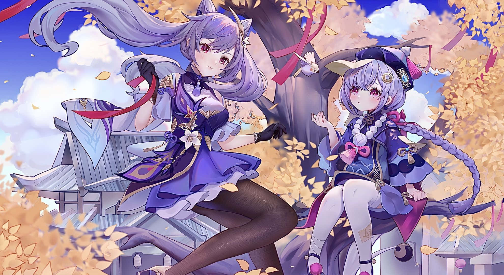 Genshin Impact Qiqi 桌布 壁紙 — 兩個紫髮貓耳動漫女孩坐在藍天白雲下飄落的秋葉中。