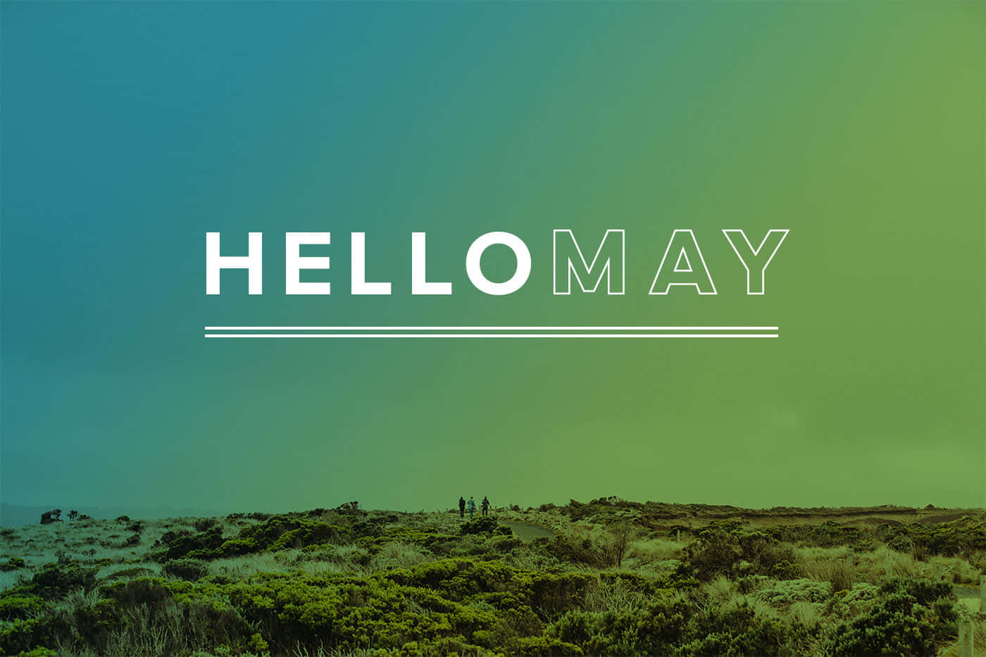 May 桌布 壁紙 — 兩個細小人物站在崎嶇的綠色山丘上，下方是藍綠色到萊姆色的漸變天空，並有粗體白色文字寫著 hello may。