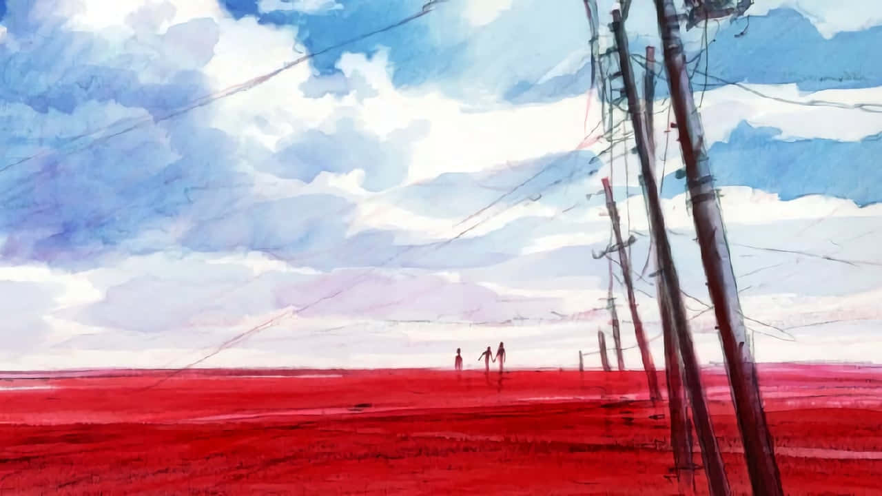 Evangelion 30 10 桌布 壁紙 — 兩個細小的人影在一片無盡的紅色田野上行走，頭頂是廣闊的藍白雲天，還有傾斜的電線杆。