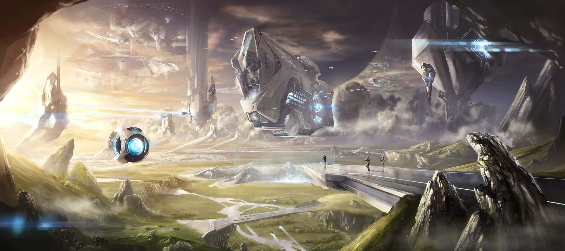 Halo Forerunner 桌布 壁紙 — 兩個細小的人影在霧氣瀰漫的外星山谷中，在巨大浮空太空船底下走過一座未來感的橋樑。