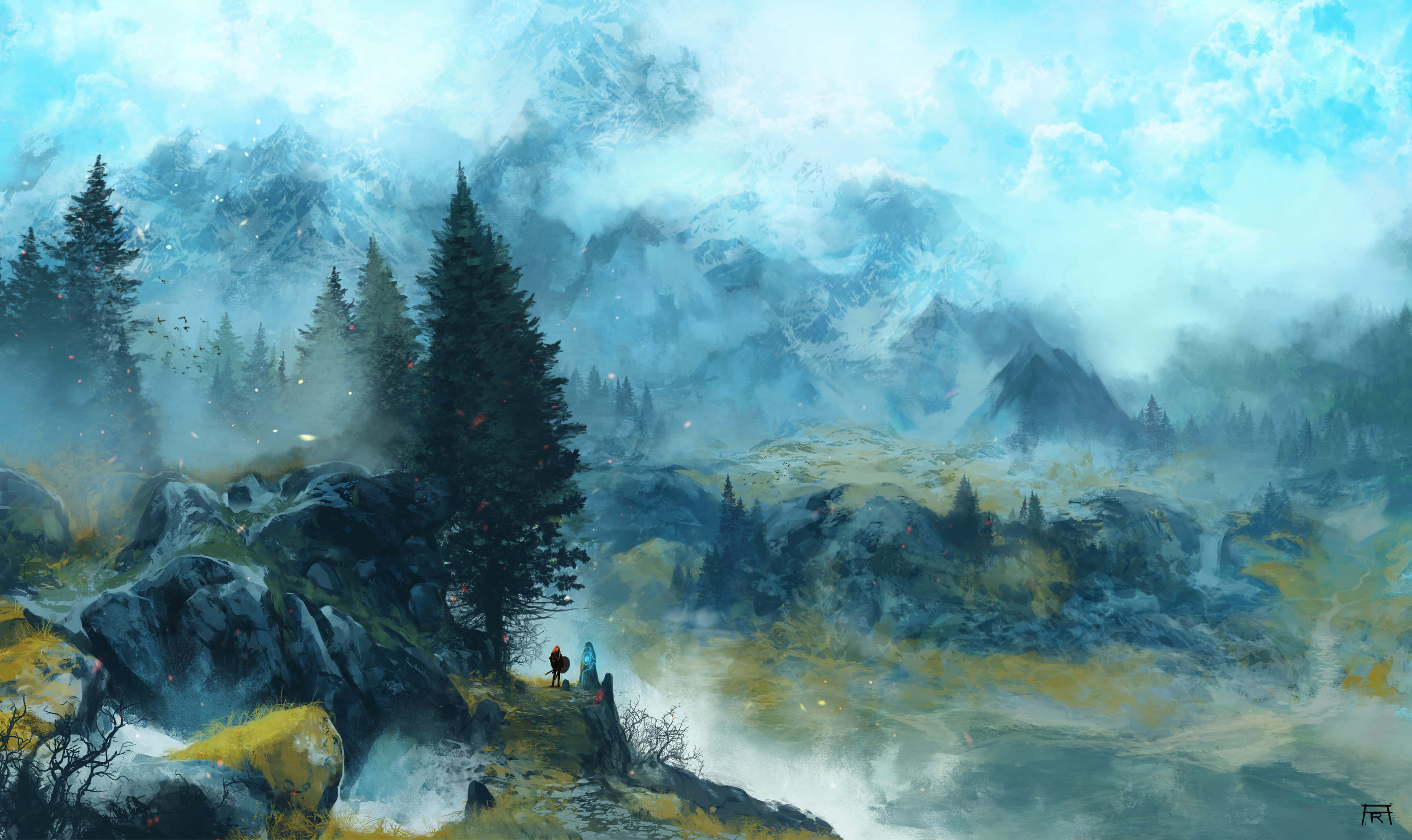 遊戲 桌布 壁紙 — 兩個細小的人影站在霧氣瀰漫的山脊上，俯瞰著一個廣闊的山谷，山谷中有白雪覆蓋的山峰和松樹林，天空多雲。