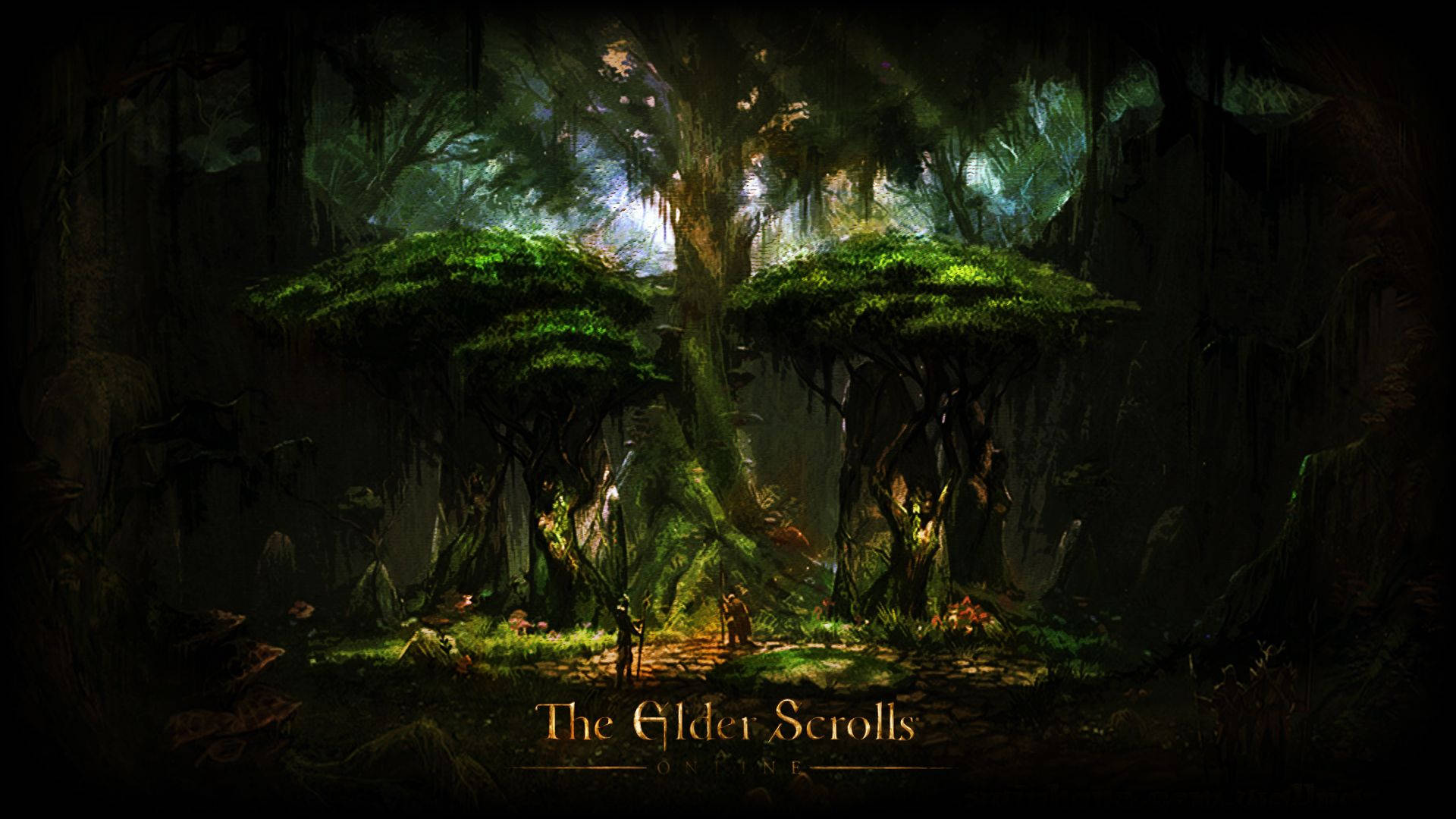 Elder 桌布 壁紙 — 兩個細小的人物在陽光明媚的小徑上行走，穿過一個高聳、長滿苔蘚的森林，有古老的樹木和懸掛的藤蔓。
