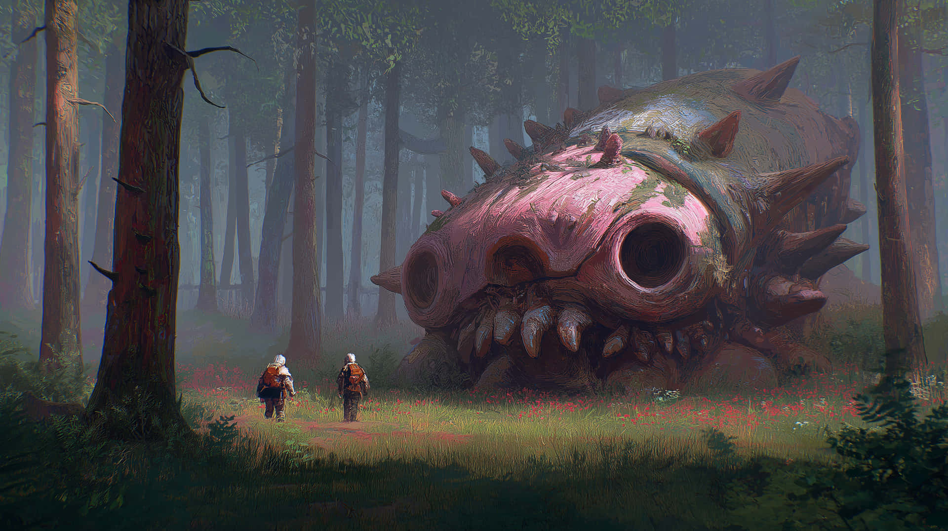 Explorers Approaching Gigantic Ancient Forest Creature 壁紙 — 兩個細小的冒險家走向一個巨大、長滿苔蘚、帶有尖刺的粉紅色和灰色龍頭骨，埋在迷霧森林中。