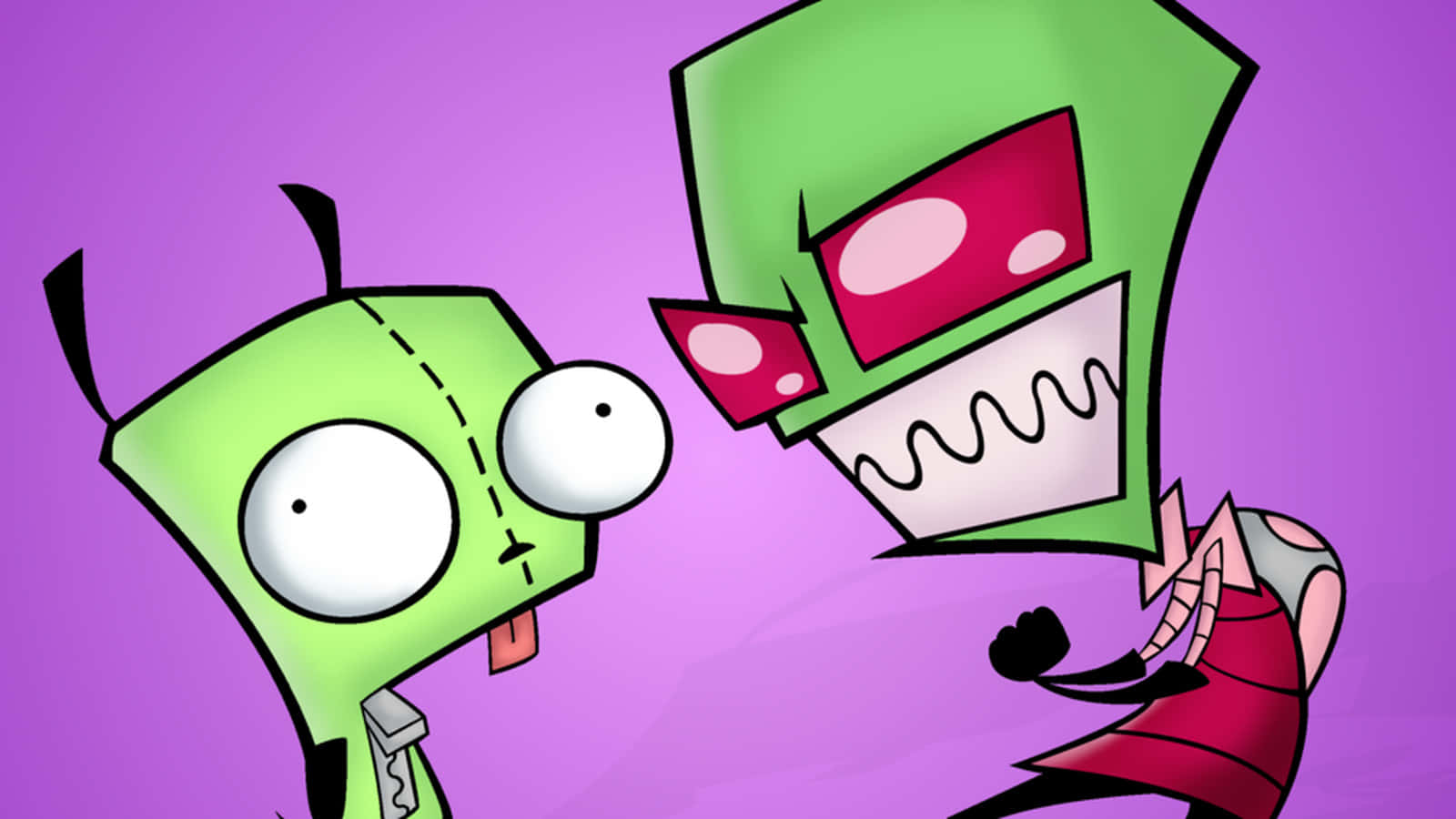 Invader Zim 桌布 壁紙 — 兩個綠色卡通外星人，有大眼睛和縫合面孔，在純紫色背景下凝視。