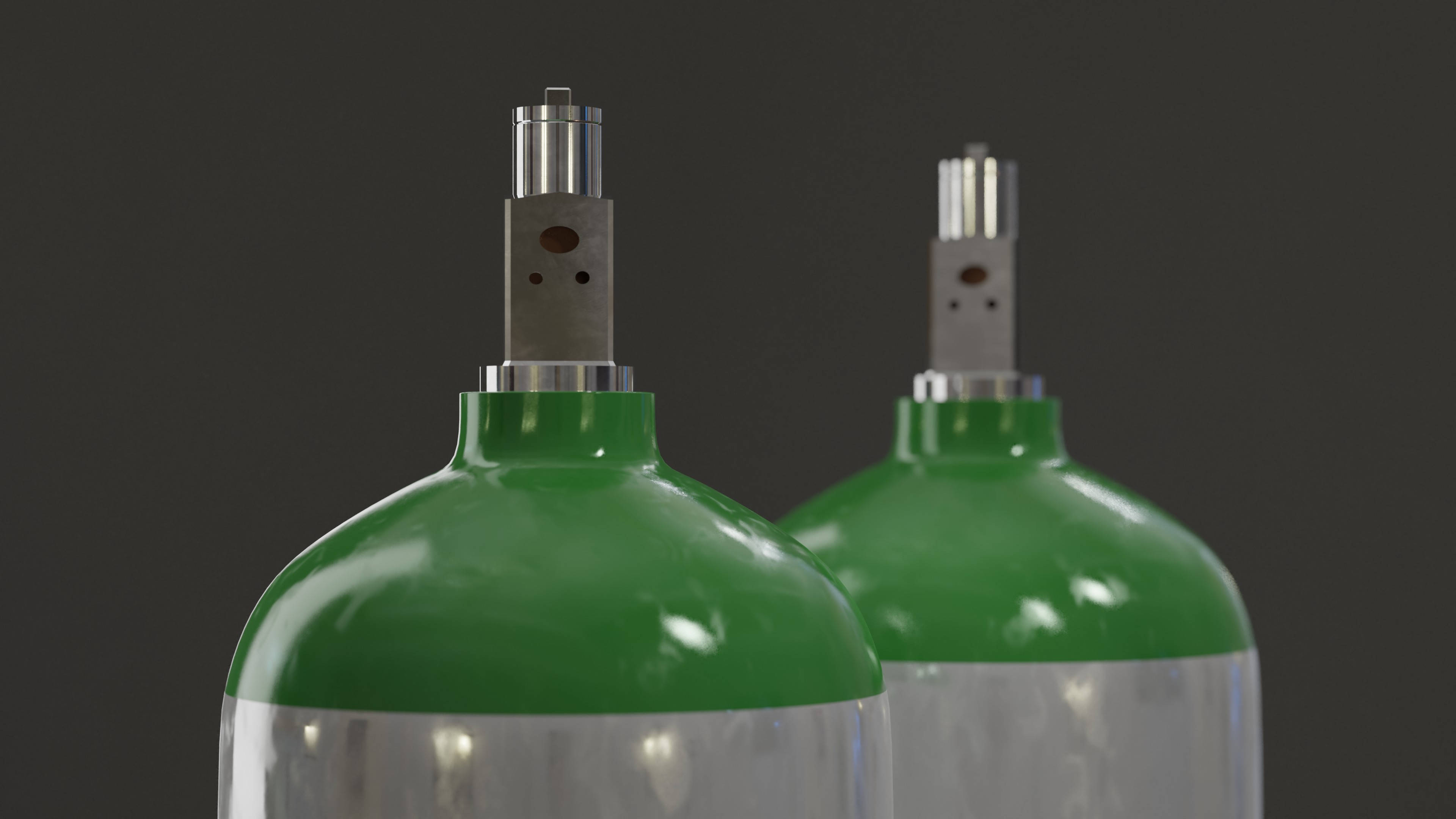 Tanks 桌布 壁紙 — 兩個綠色和銀色的氧氣罐帶有金屬閥門，立在深灰色背景前。