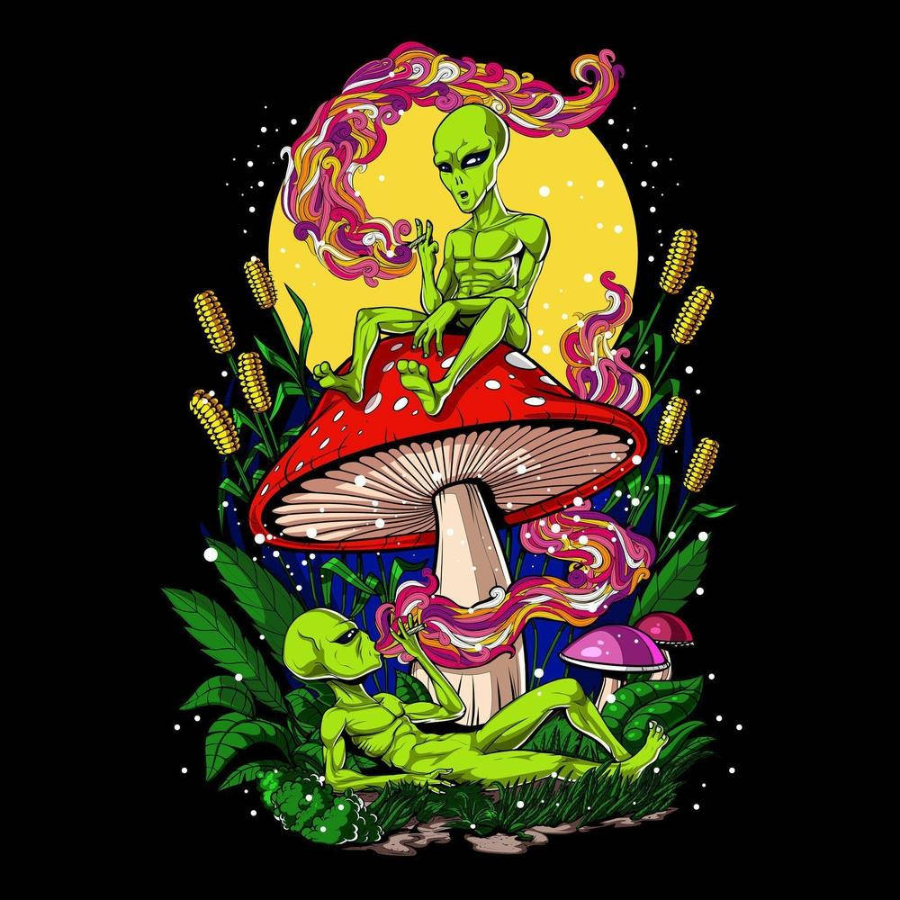 外星人 桌布 壁紙 — 兩個綠色外星人在迷幻月亮下放鬆在蘑菇上，月亮有旋轉的頭髮和玉米稈。