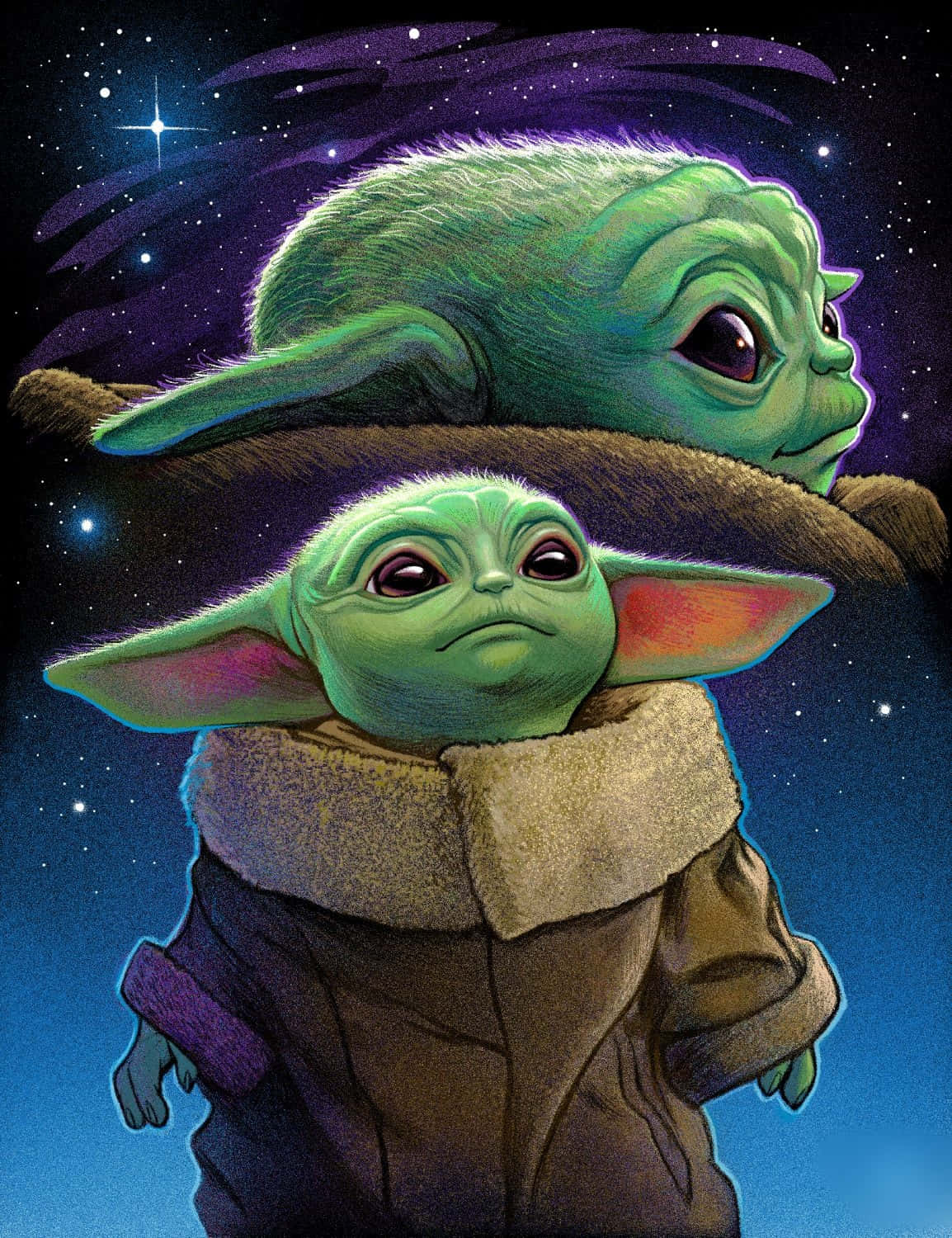 尤達寶寶 桌布 壁紙 — 兩個綠色外星小孩穿著舒適的棕色外套，在星空宇宙背景中仰望，背景有紫色星雲。