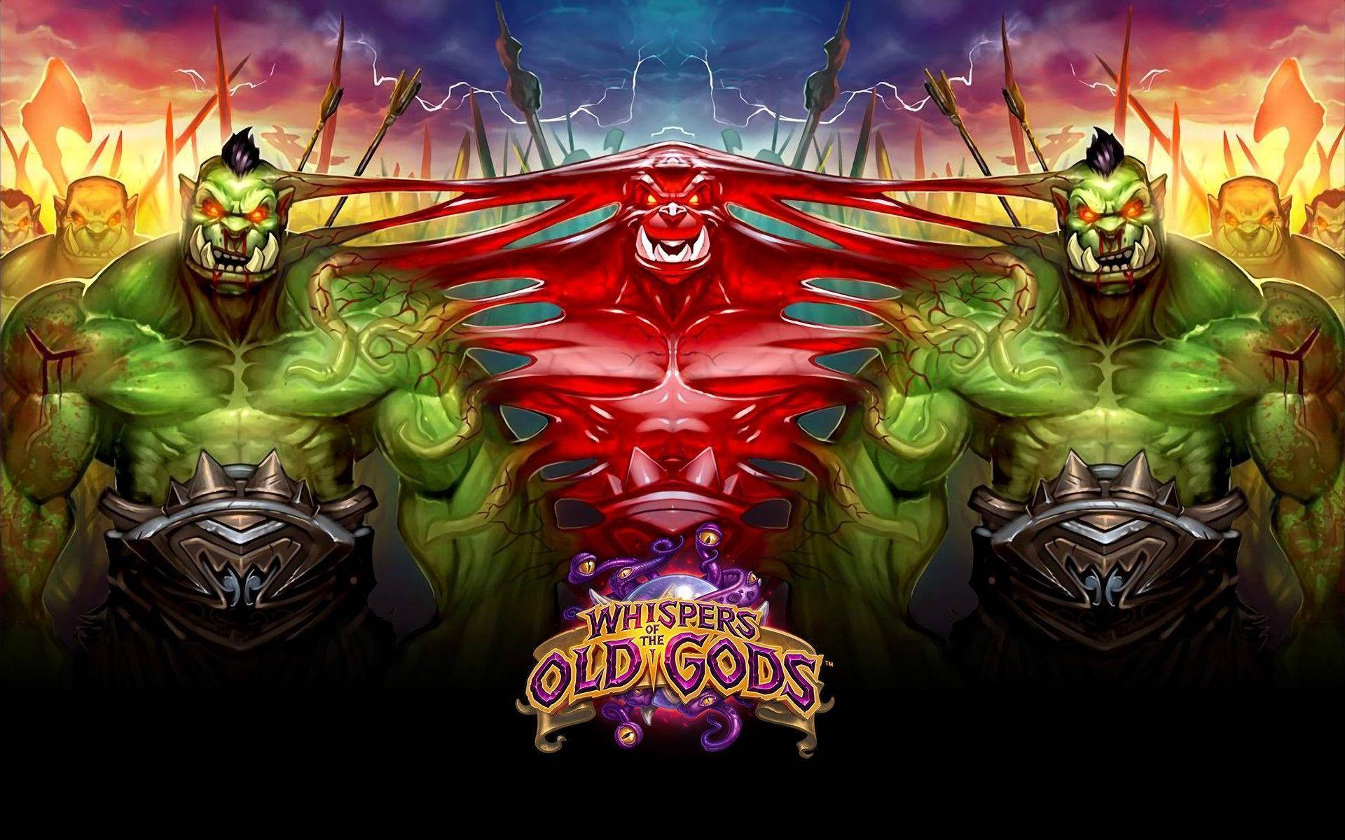 Hearthstone 桌布 壁紙 — 兩個綠色獸人戰士在熾熱的戰場天空下，護衛著中央的紅色惡魔實體。