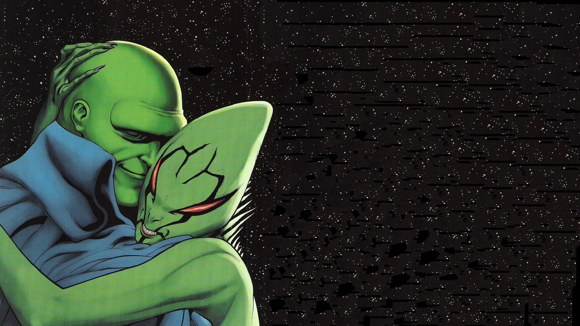 Martian Manhunter 桌布 壁紙 — 兩個綠色皮膚的外星人在佈滿星星的宇宙背景中溫柔擁抱，背景是有紋理的黑暗太空。