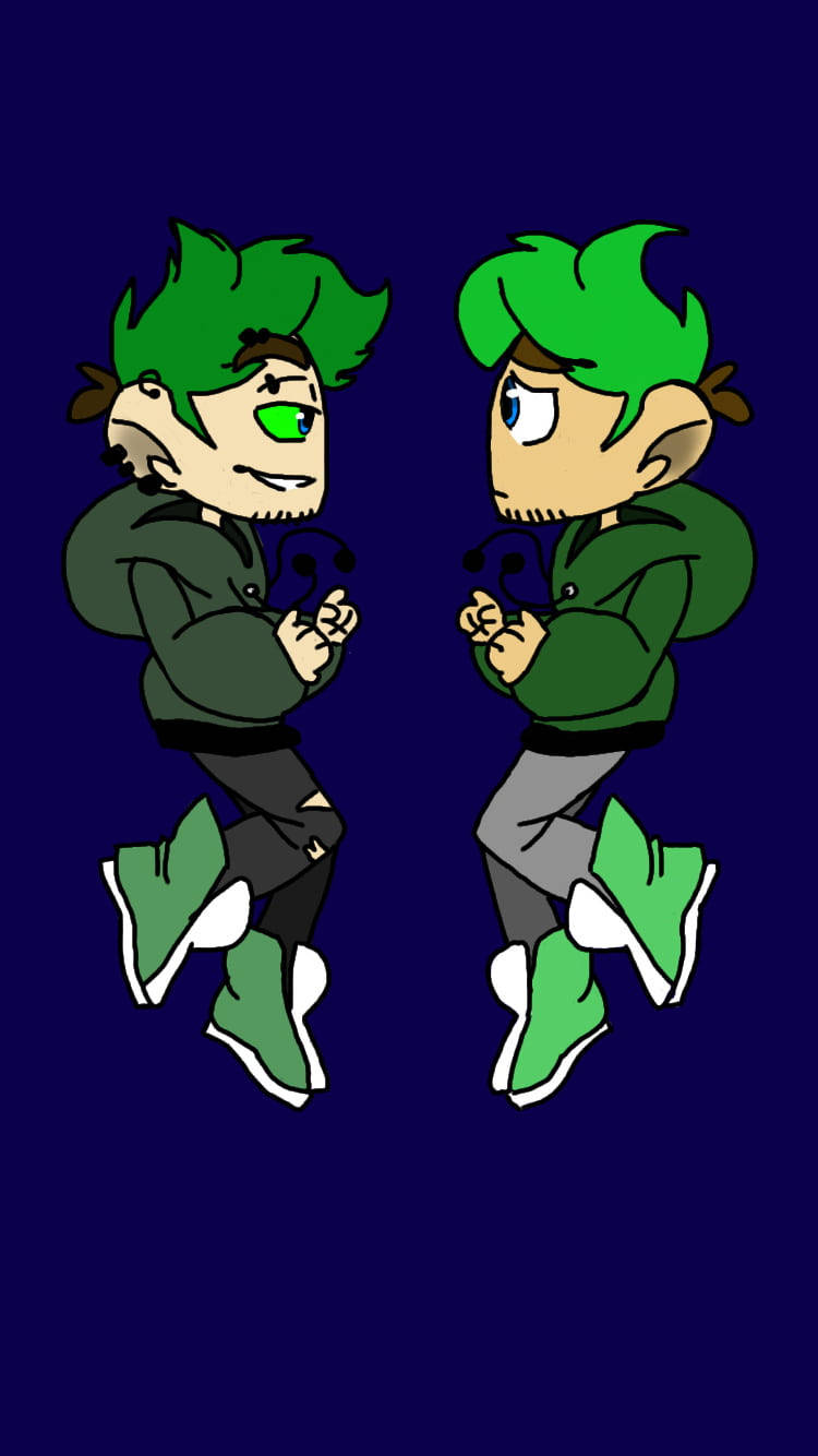Jacksepticeye 桌布 壁紙 — 兩個綠色頭髮、眼睛不對稱的卡通角色，以鏡像姿勢漂浮在深藍色背景上。