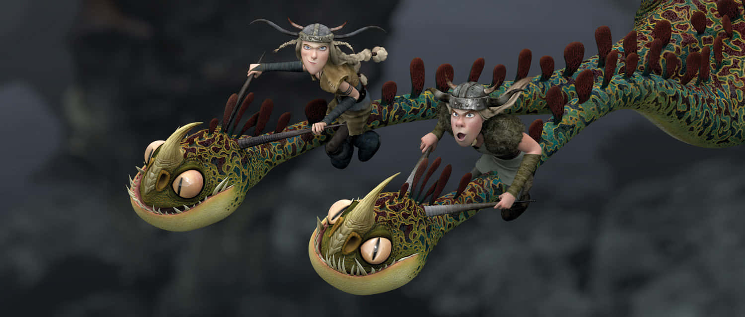 龍 桌布 壁紙 — 兩個維京小孩騎著雙頭龍，帶著兇猛的表情穿過暴風雨的灰色天空。