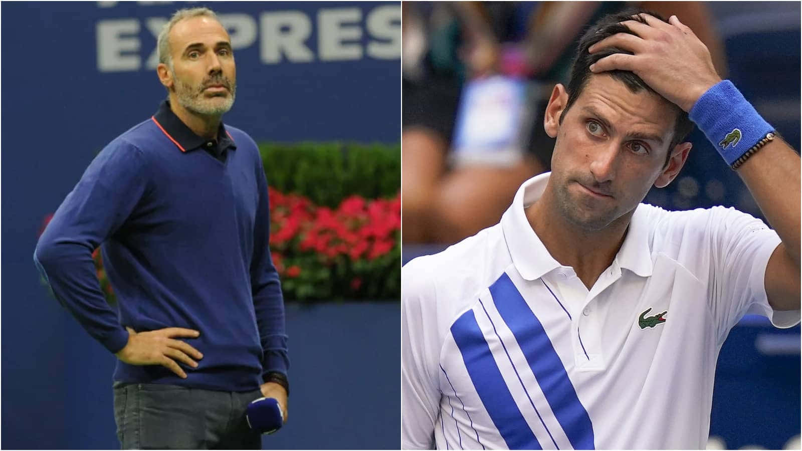 Tennis 桌布 壁紙 — 兩個網球人物，一個教練穿著藍色毛衣，另一個球員穿著白色襯衫，手放在頭上，兩人都站在球場上。