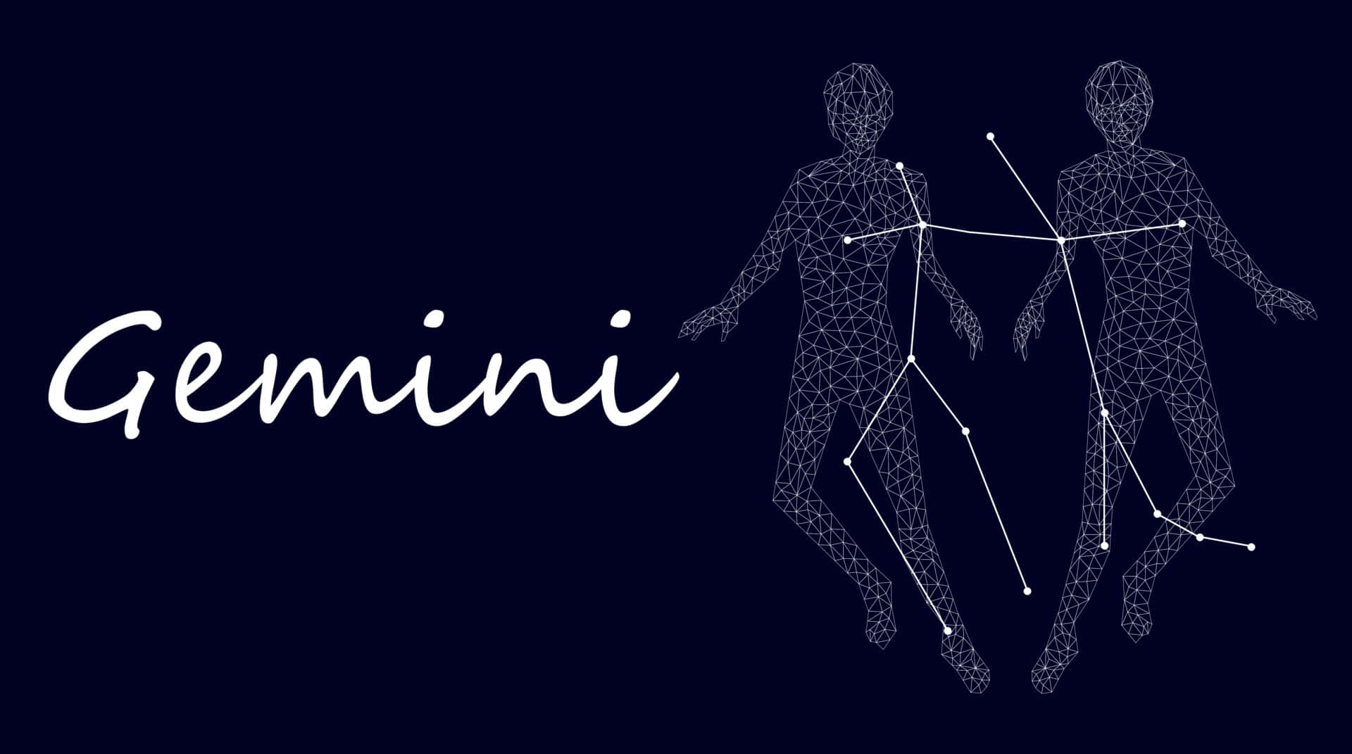 gemini 桌布 壁紙 — 兩個線框人形在深海軍藍色背景上形成雙子座星座，並以優雅的白色字體寫上「Gemini」一詞。