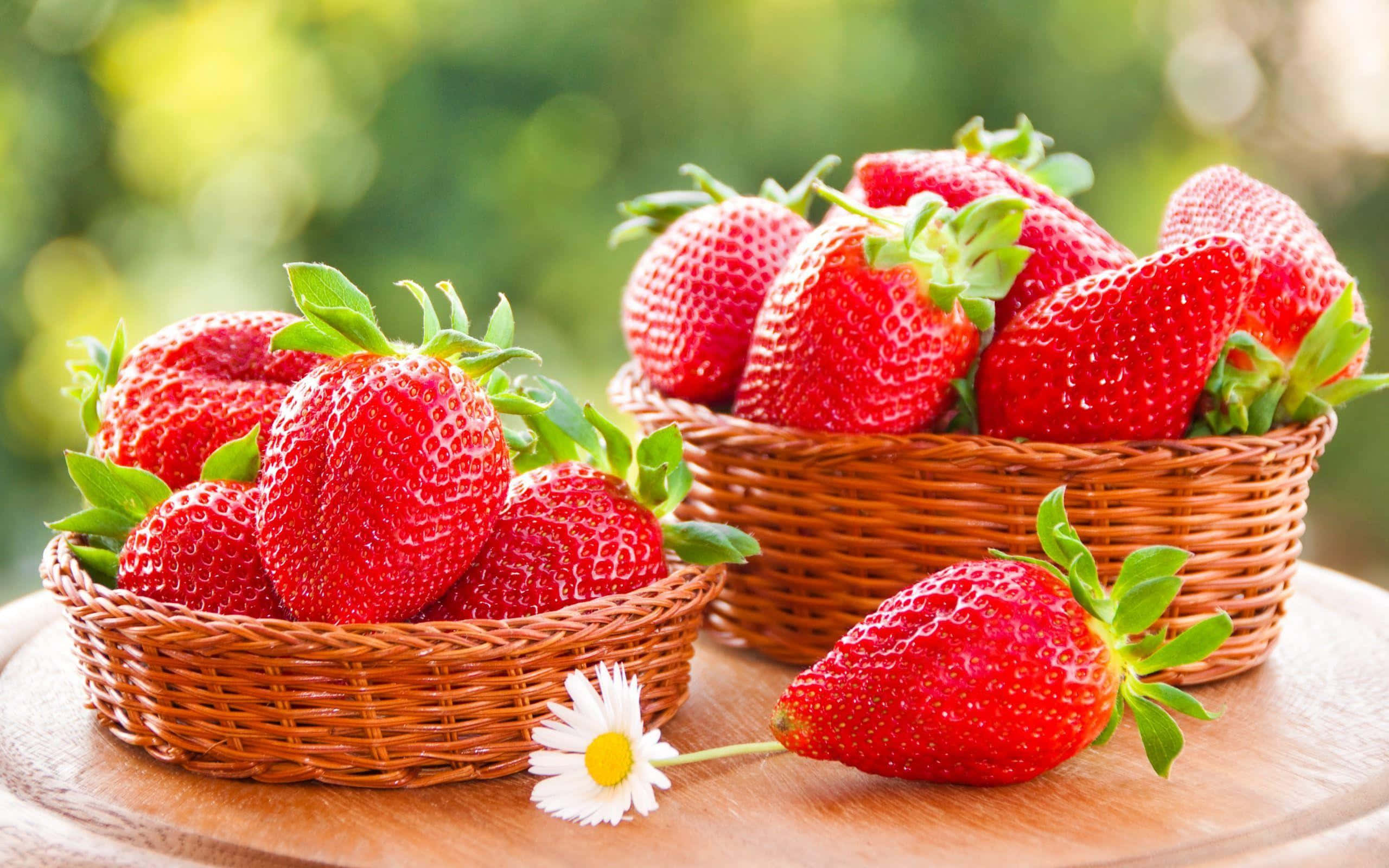 Cute Strawberry 桌布 壁紙 — 兩個編織籃子裝滿了飽滿的紅色草莓，還有一個放在木質表面上的雛菊旁邊。